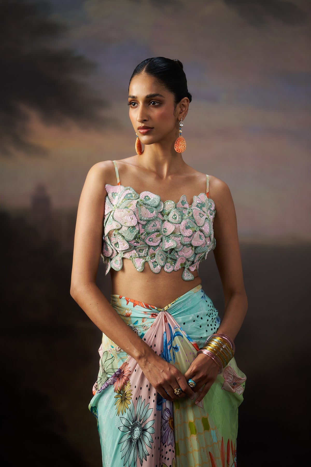 Sea Green 3D Flower Top & Drape Skirt