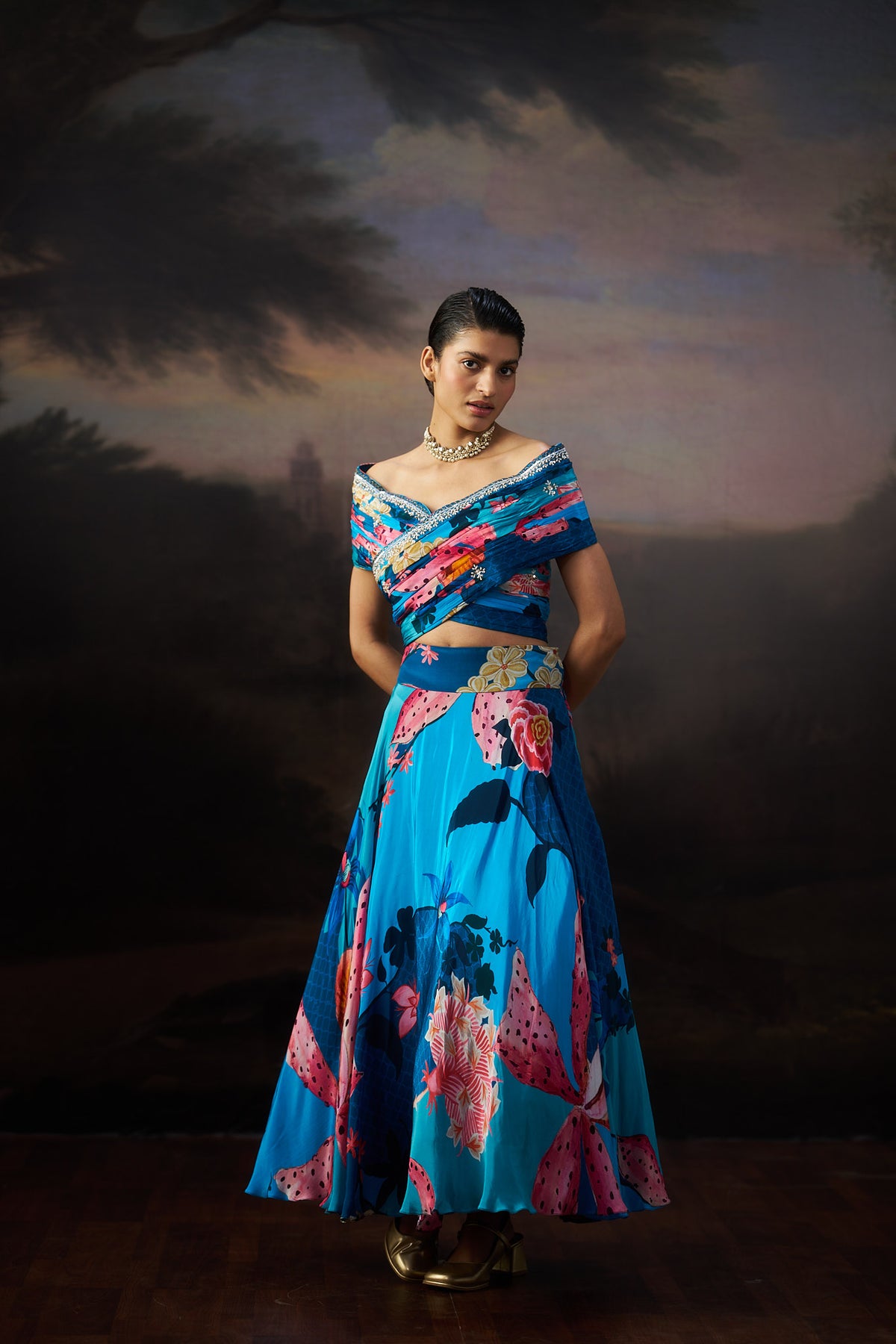 Blue Printed Top And Skirt Set