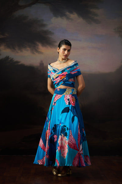 Blue Printed Top And Skirt Set