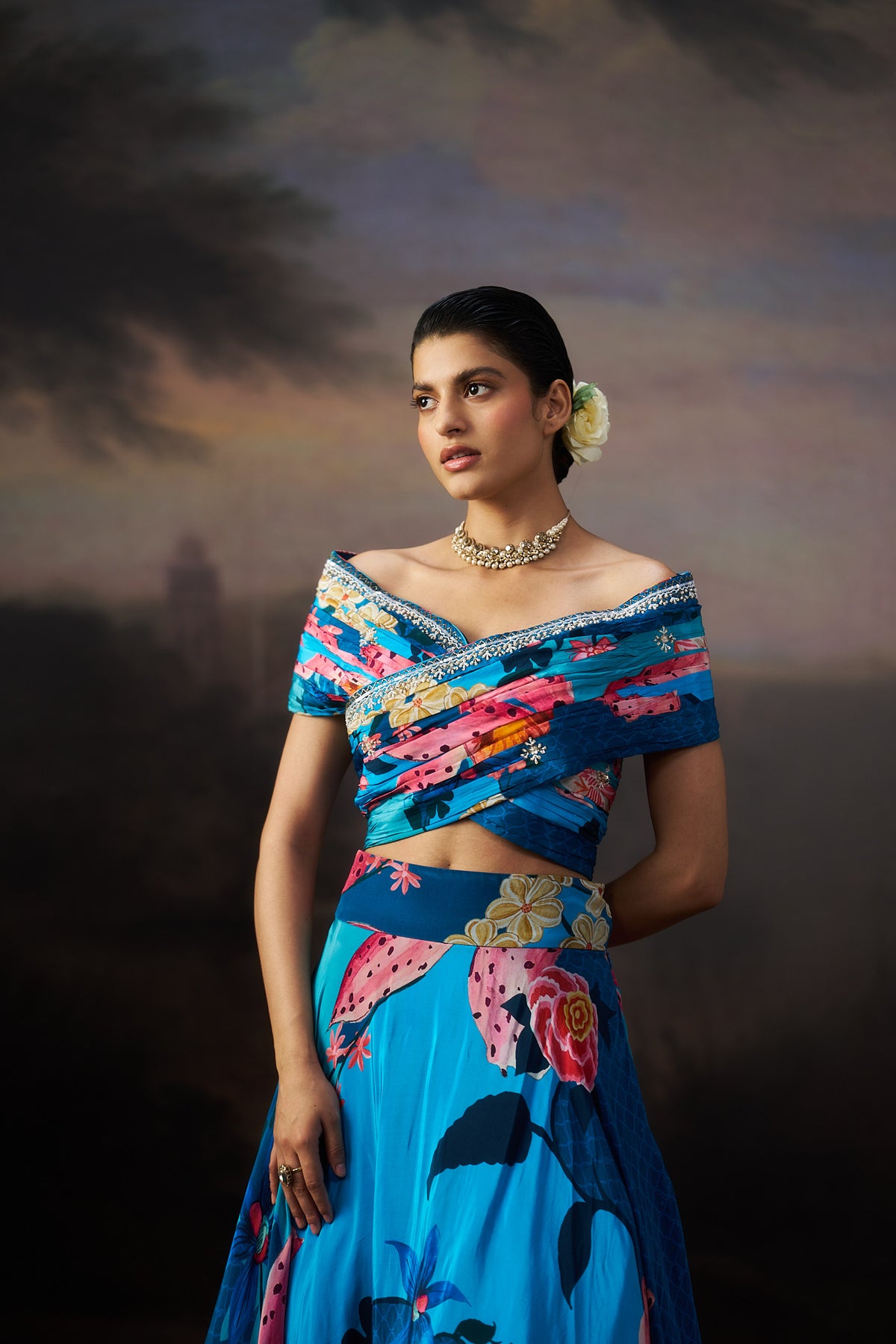 Blue Printed Top And Skirt Set