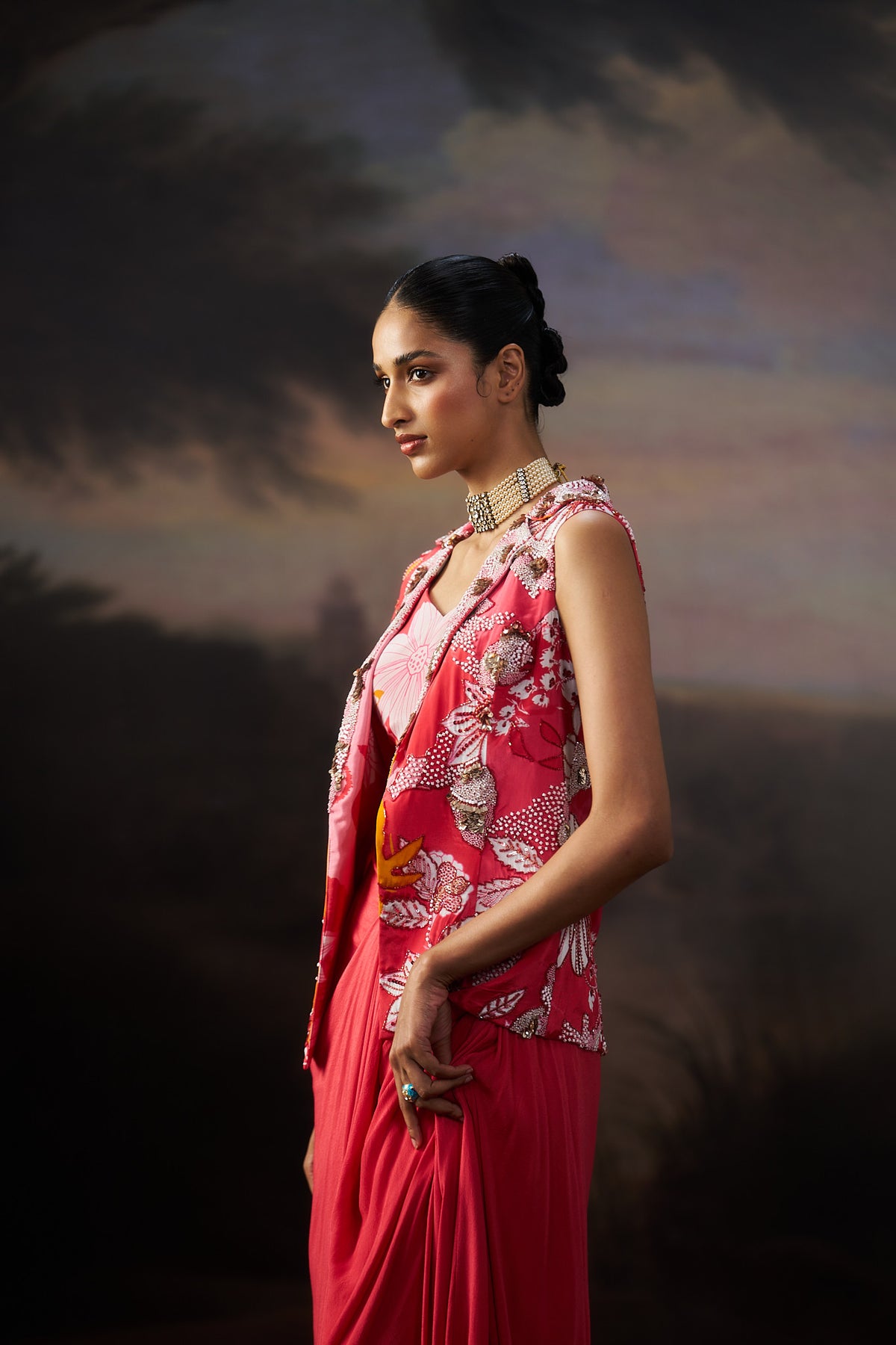 Coral Jacket And Drape Skirt Set