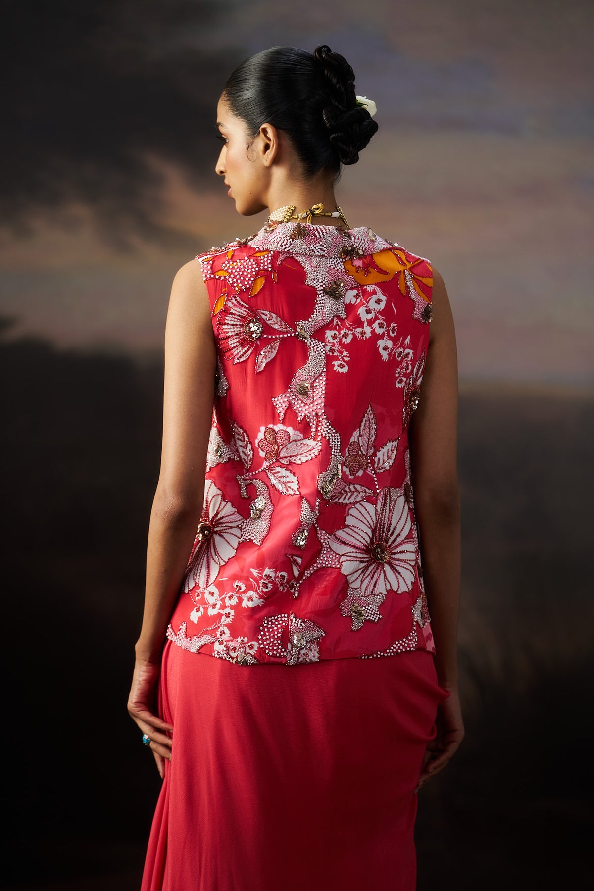 Coral Jacket And Drape Skirt Set