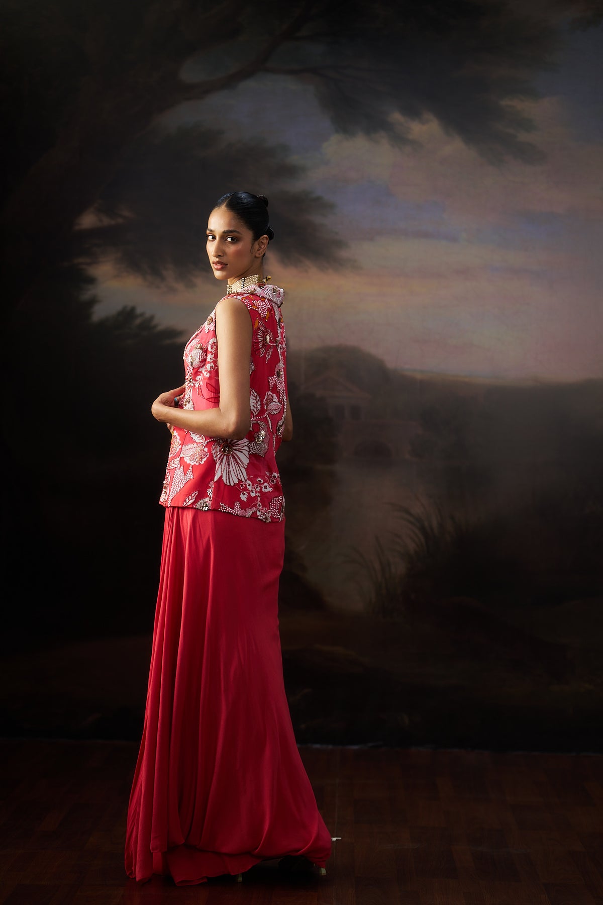 Coral Jacket And Drape Skirt Set
