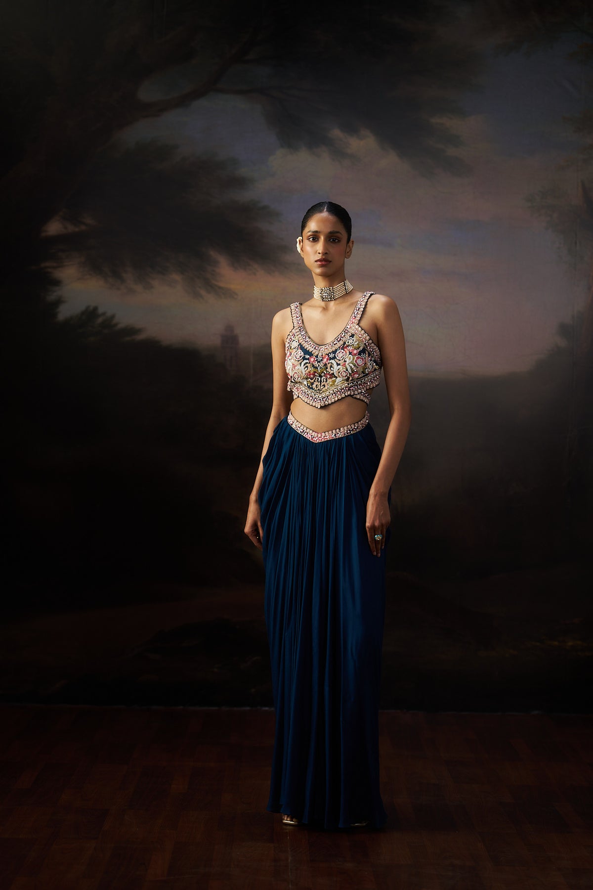Navy Blue Printed Crop Top & Drape Skirt