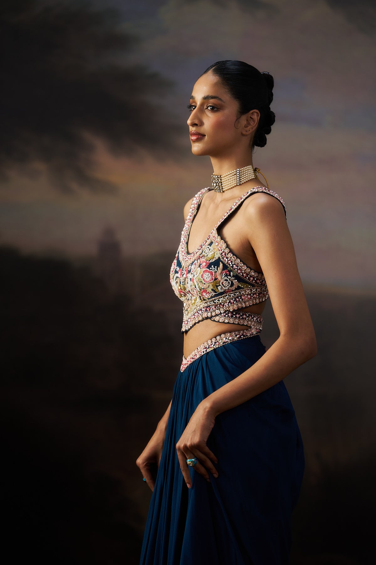 Navy Blue Printed Crop Top & Drape Skirt