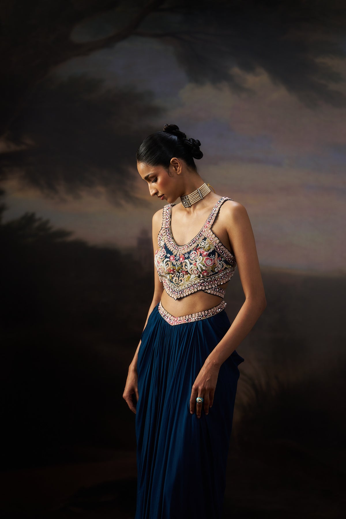 Navy Blue Printed Crop Top & Drape Skirt