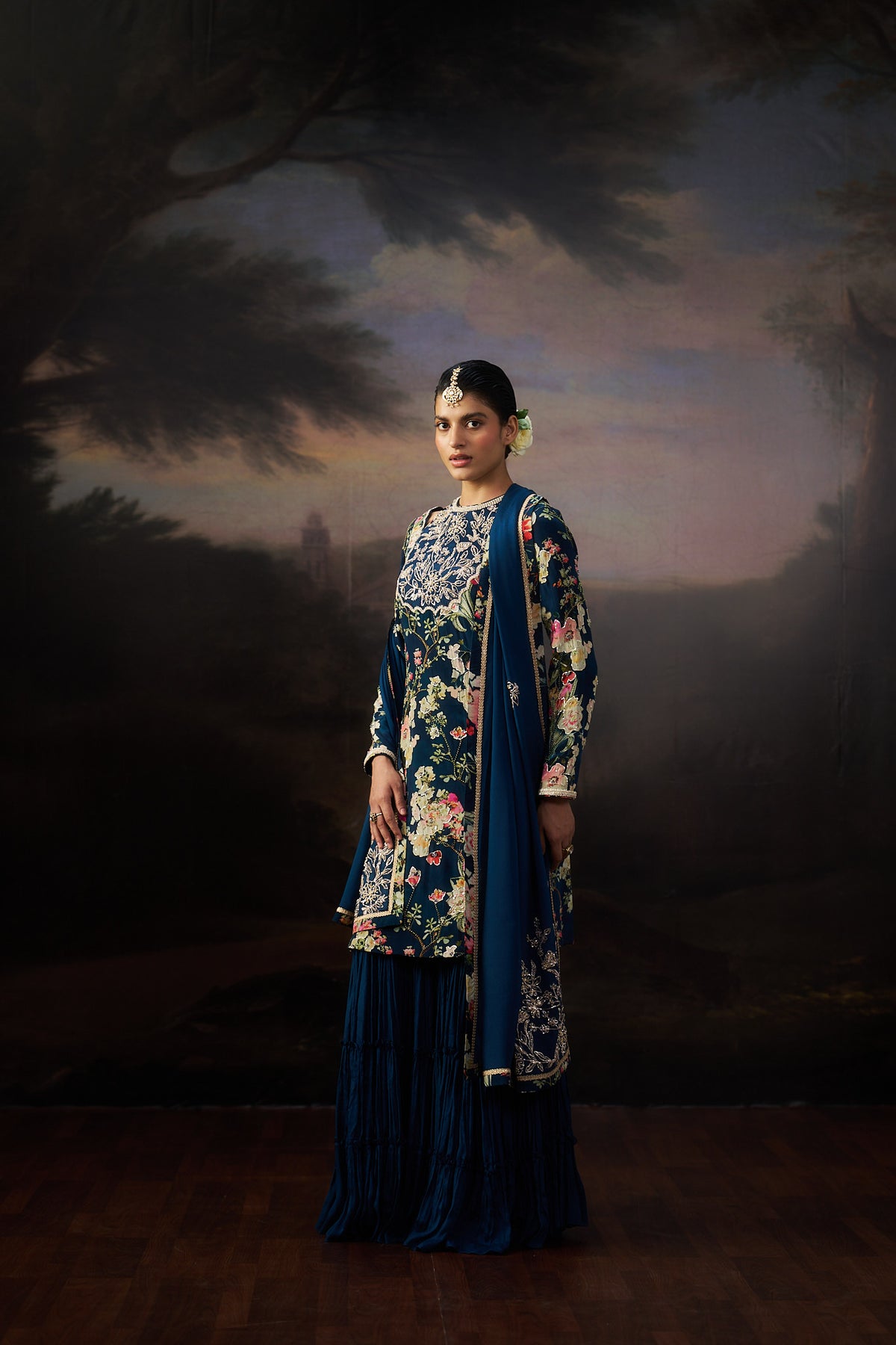 Navy Blue Printed Kurta And Sharara Set