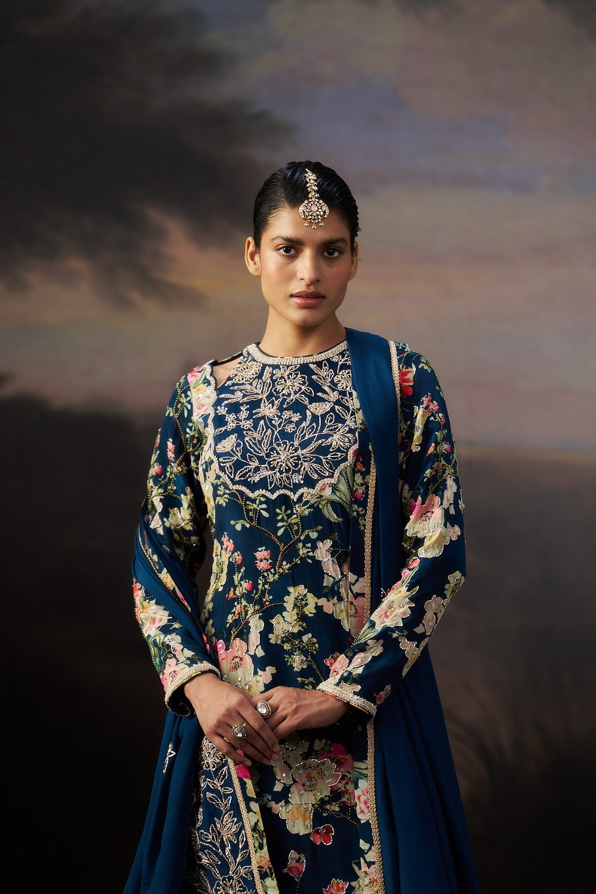 Navy Blue Printed Kurta And Sharara Set
