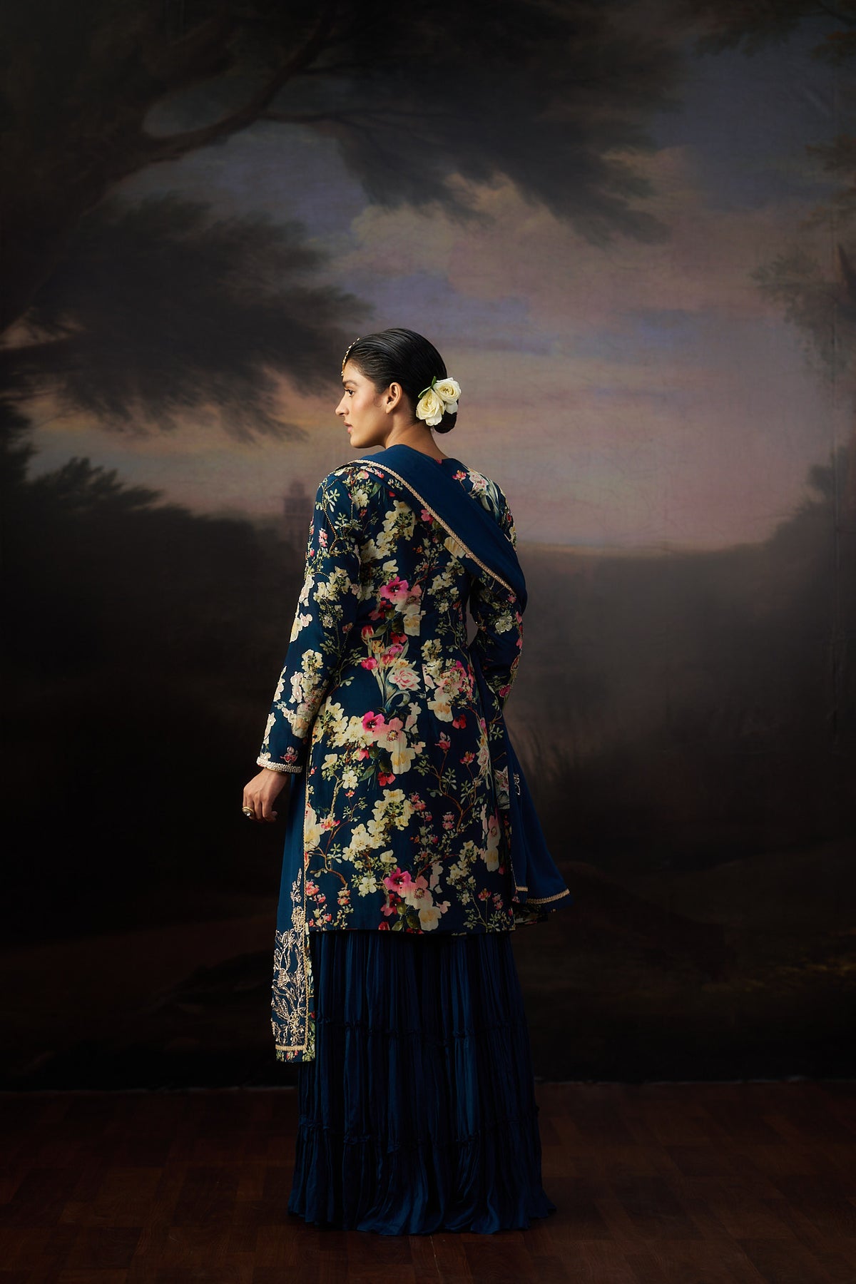 Navy Blue Printed Kurta And Sharara Set