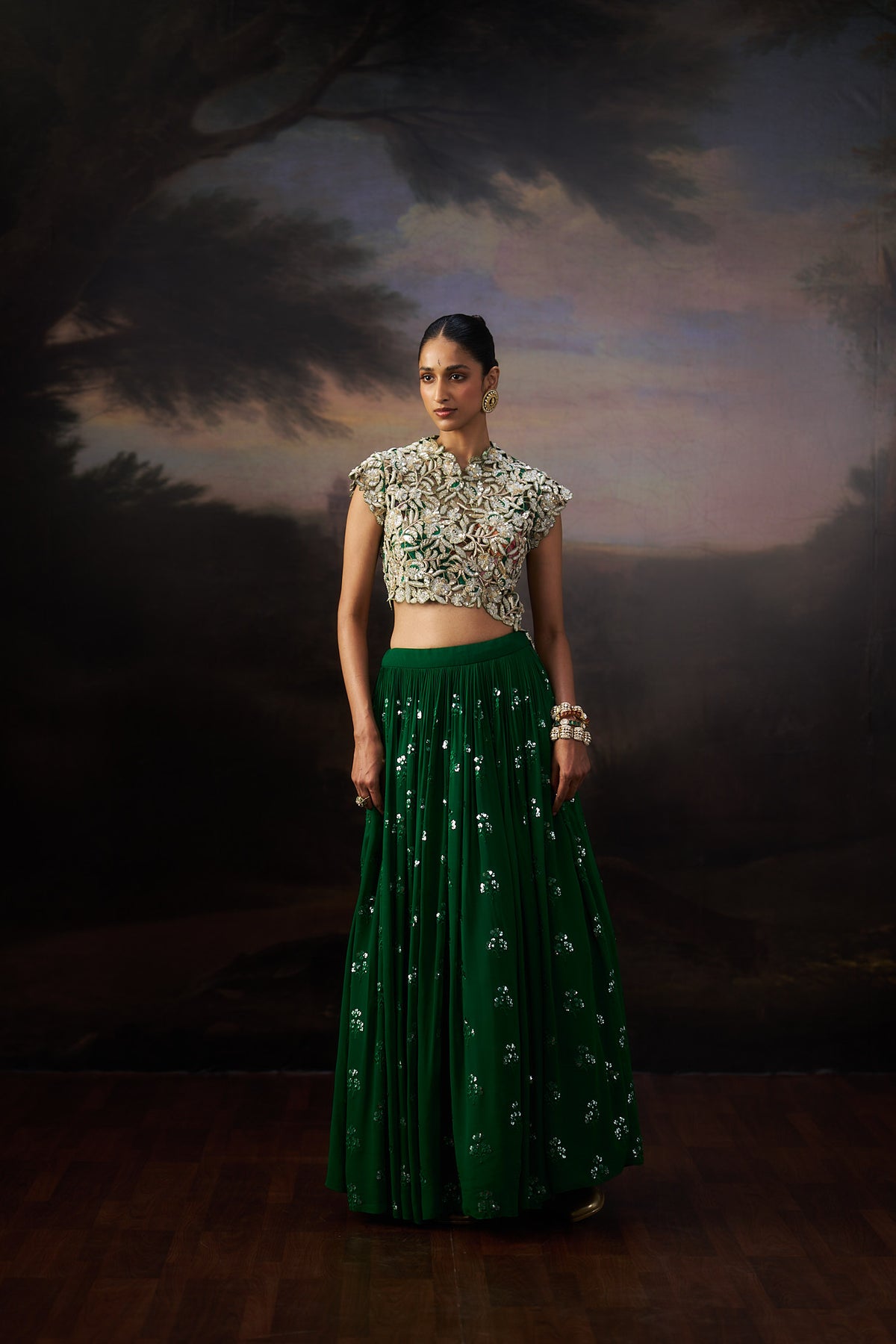 Green Heavy Jacket And Lehenga Set