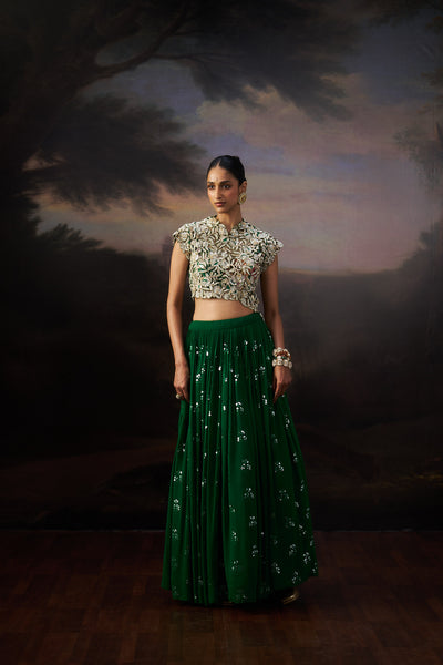 Green Heavy Jacket And Lehenga Set