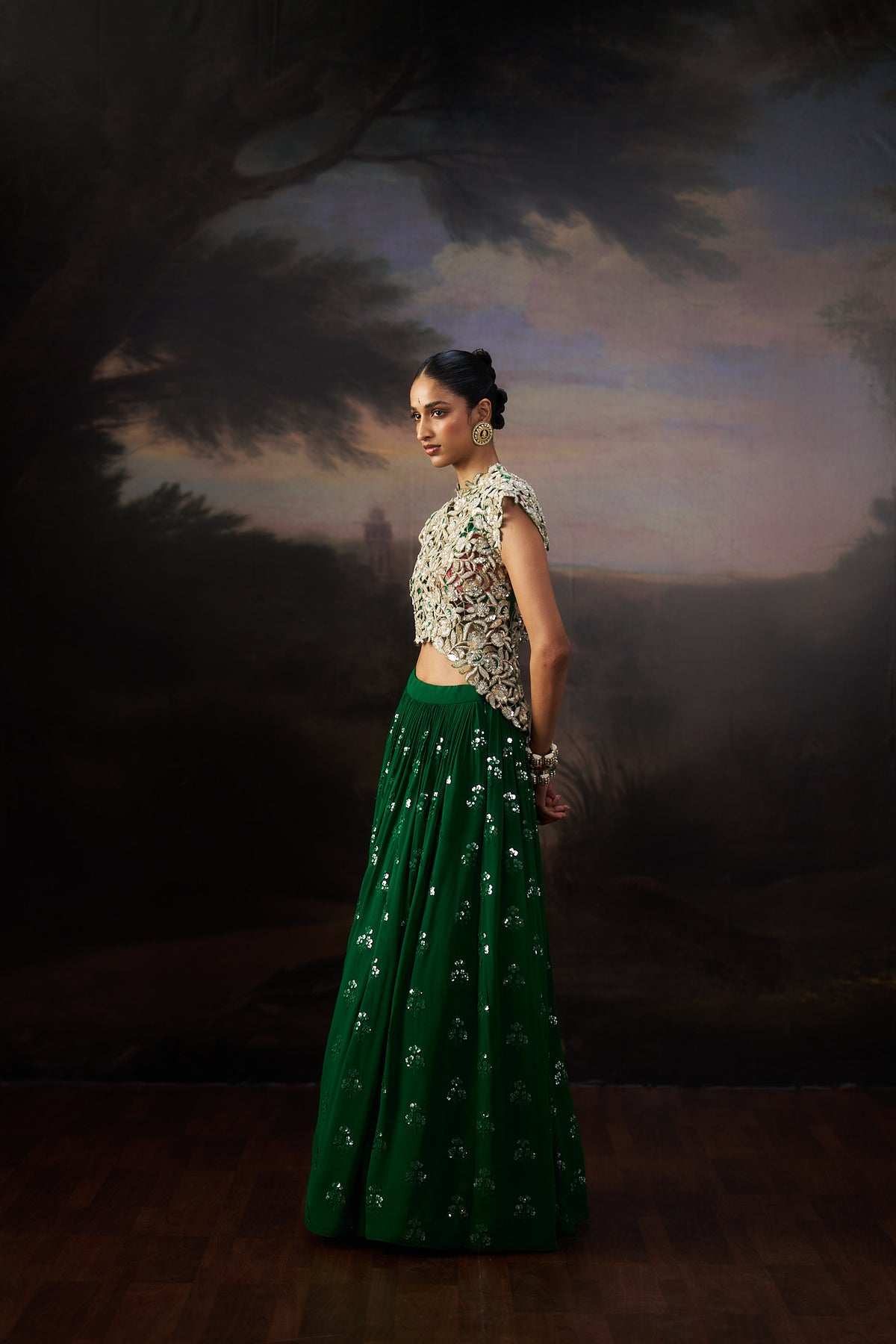 Green Heavy Jacket And Lehenga Set