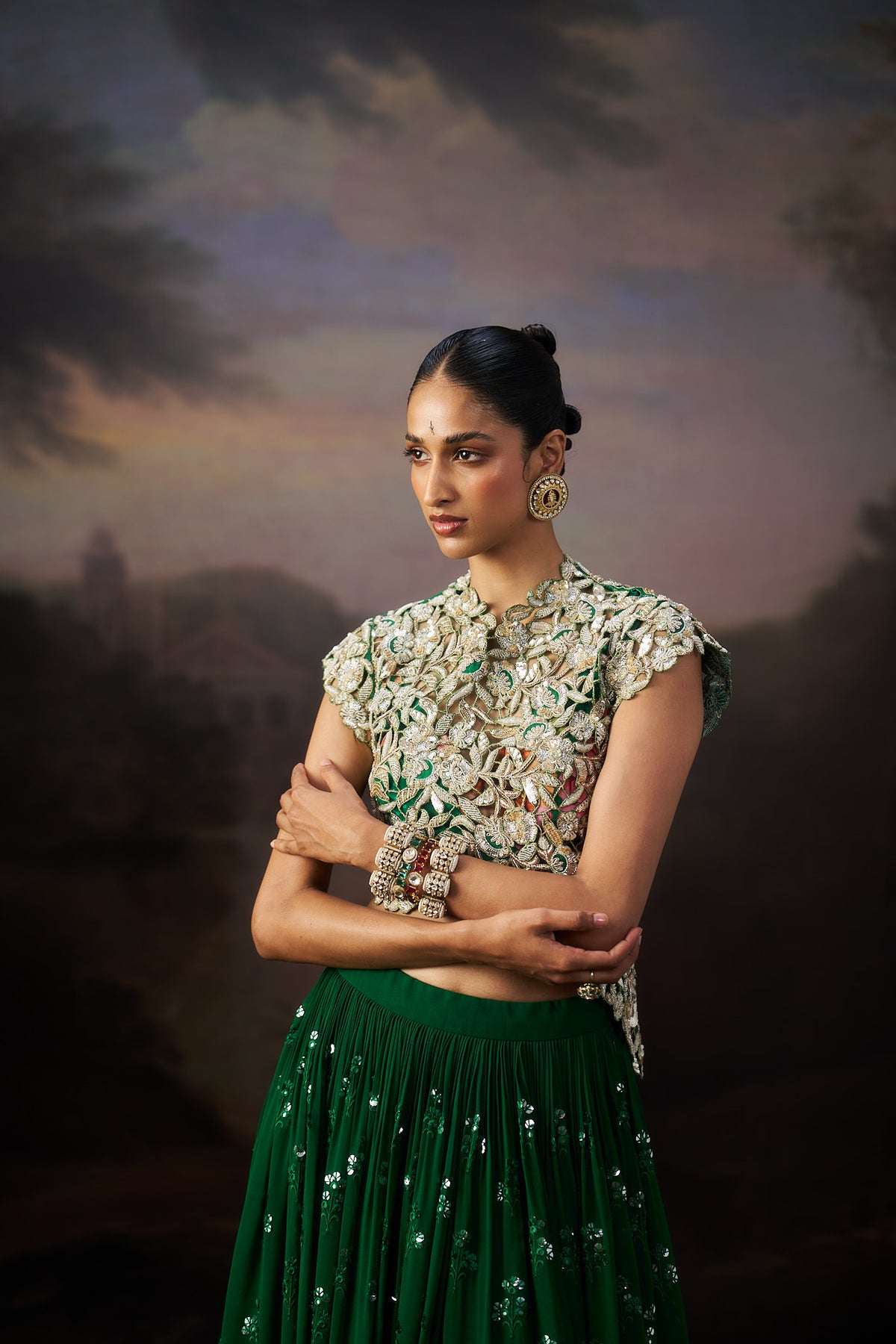 Green Heavy Jacket And Lehenga Set