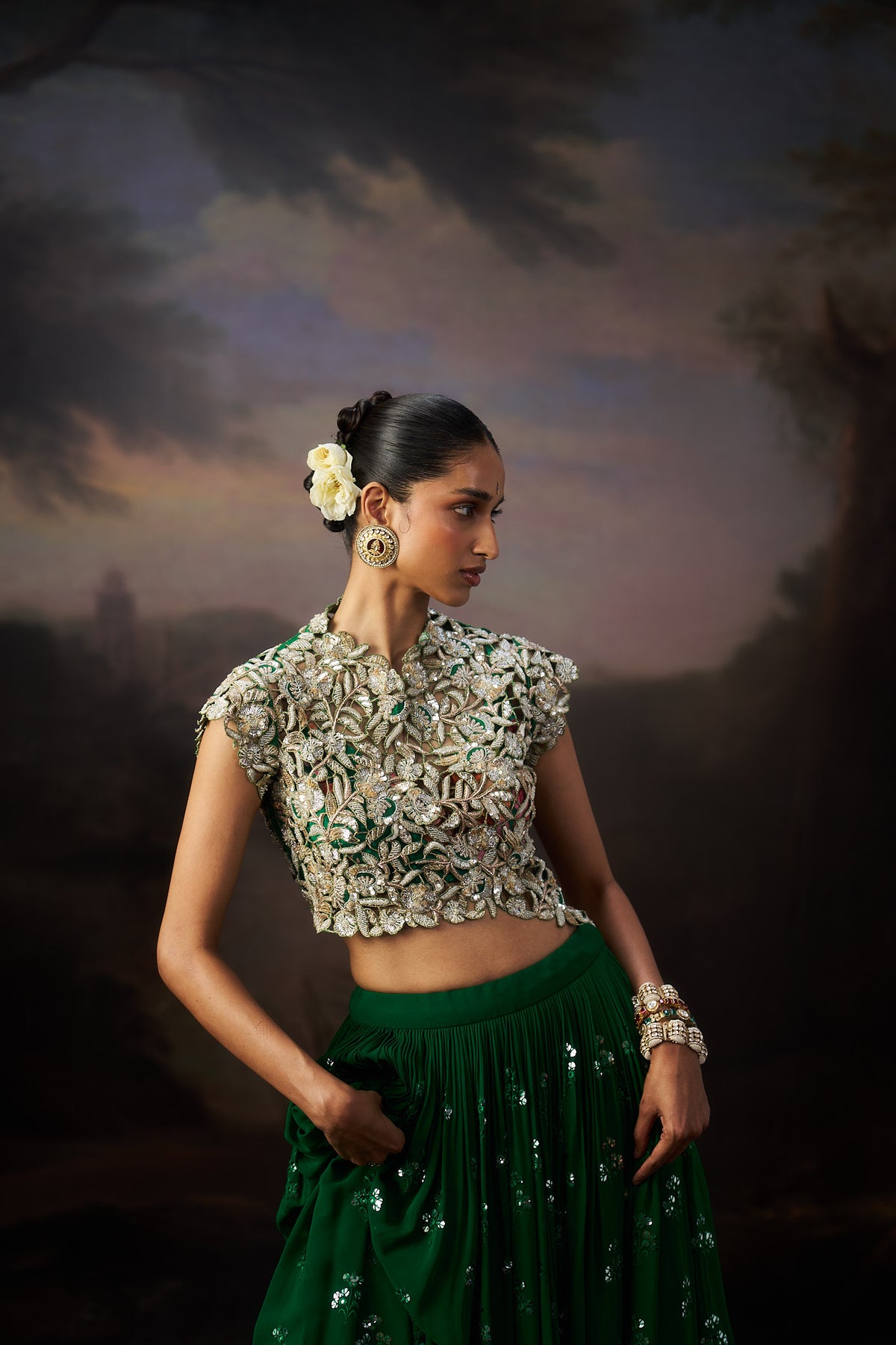 Green Heavy Jacket And Lehenga Set