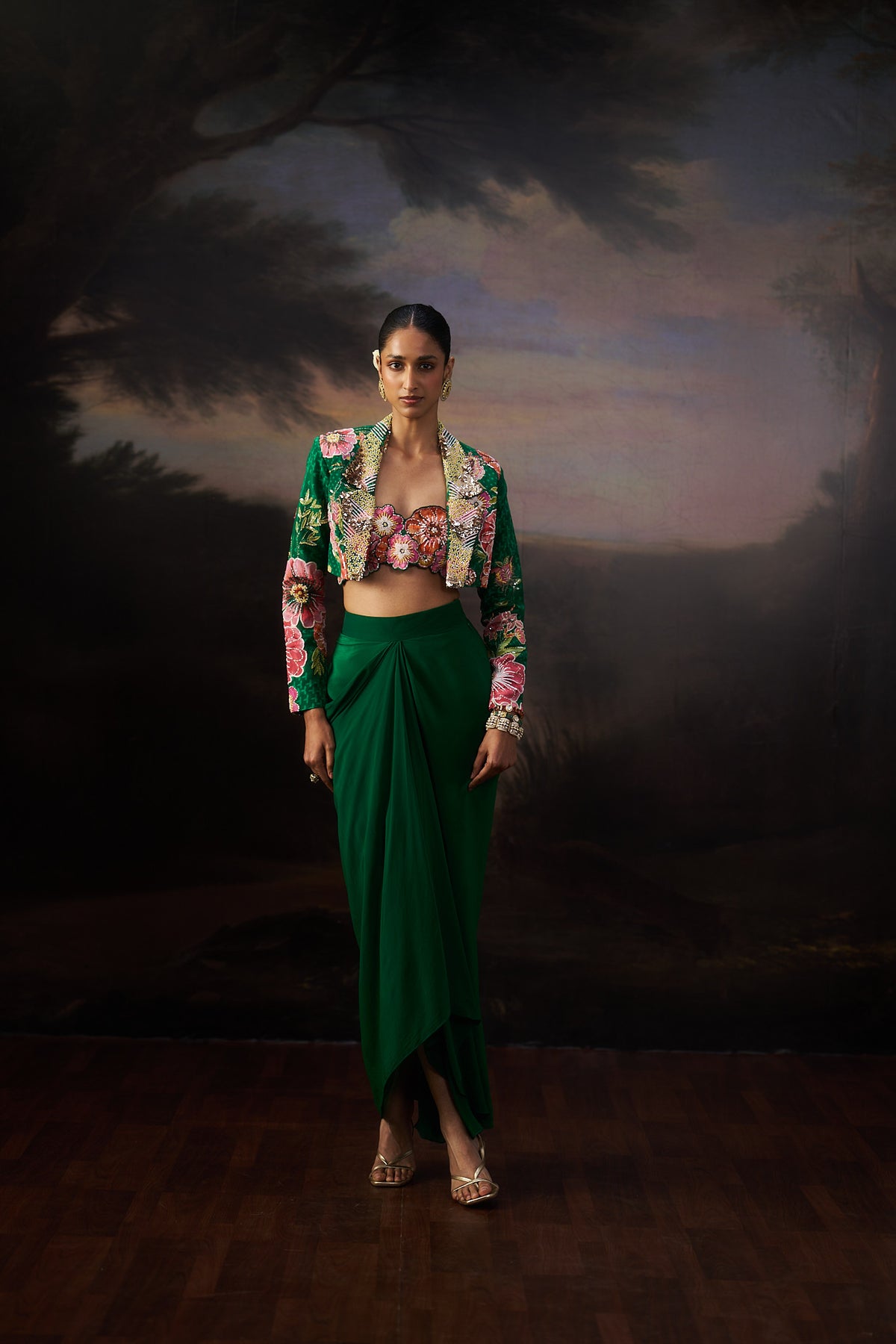 Green Printed Jacket And Drape Skirt