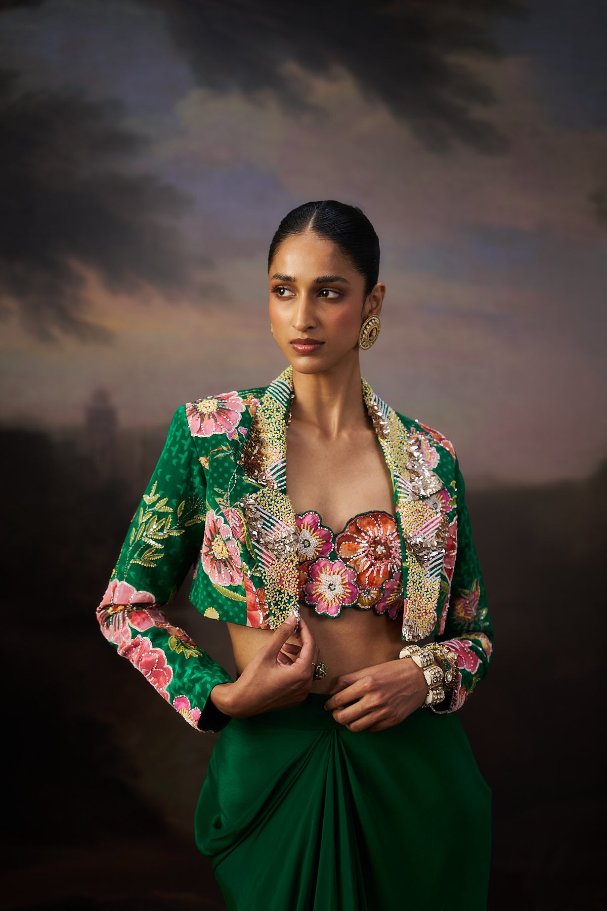 Green Printed Jacket And Drape Skirt