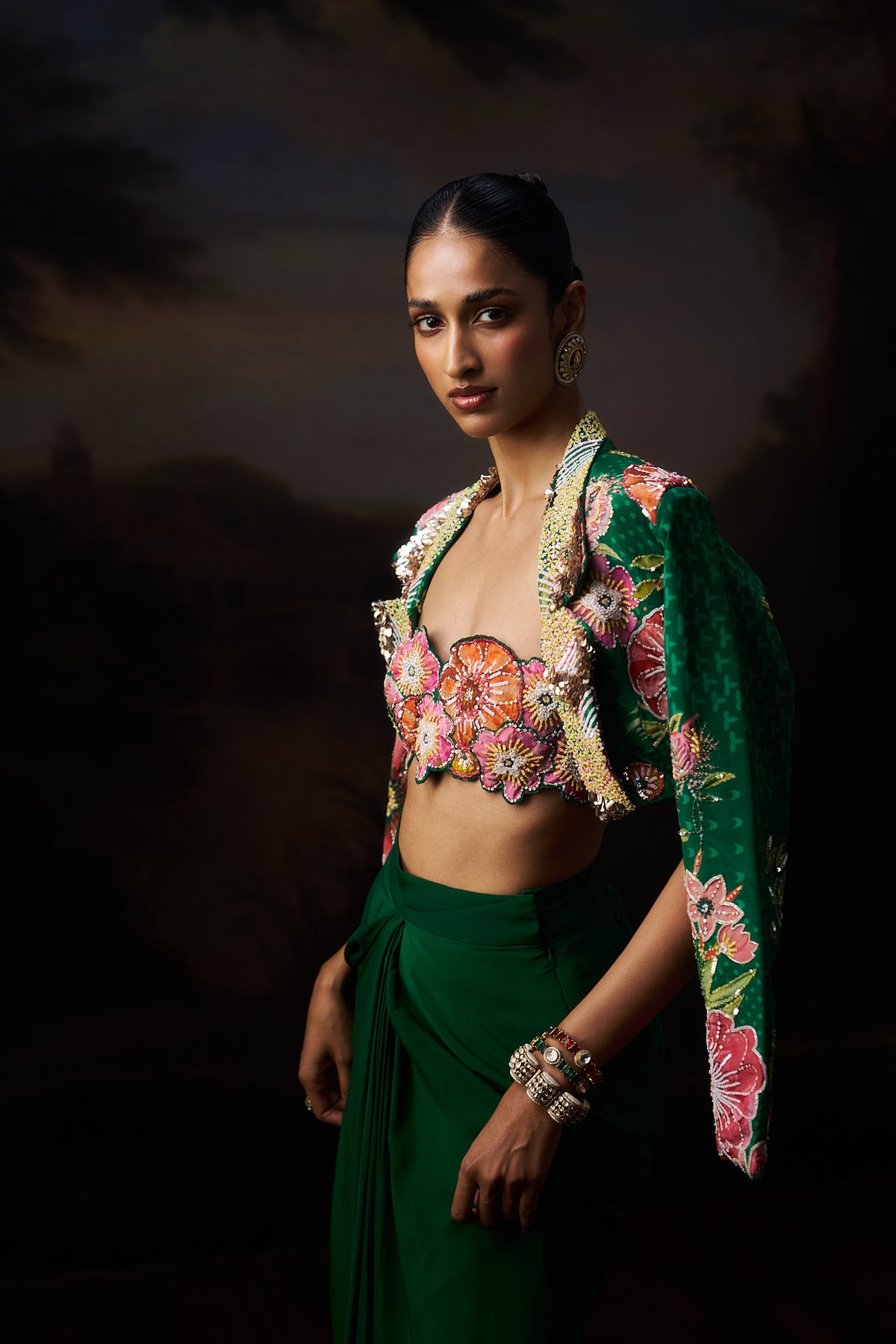 Green Printed Jacket And Drape Skirt