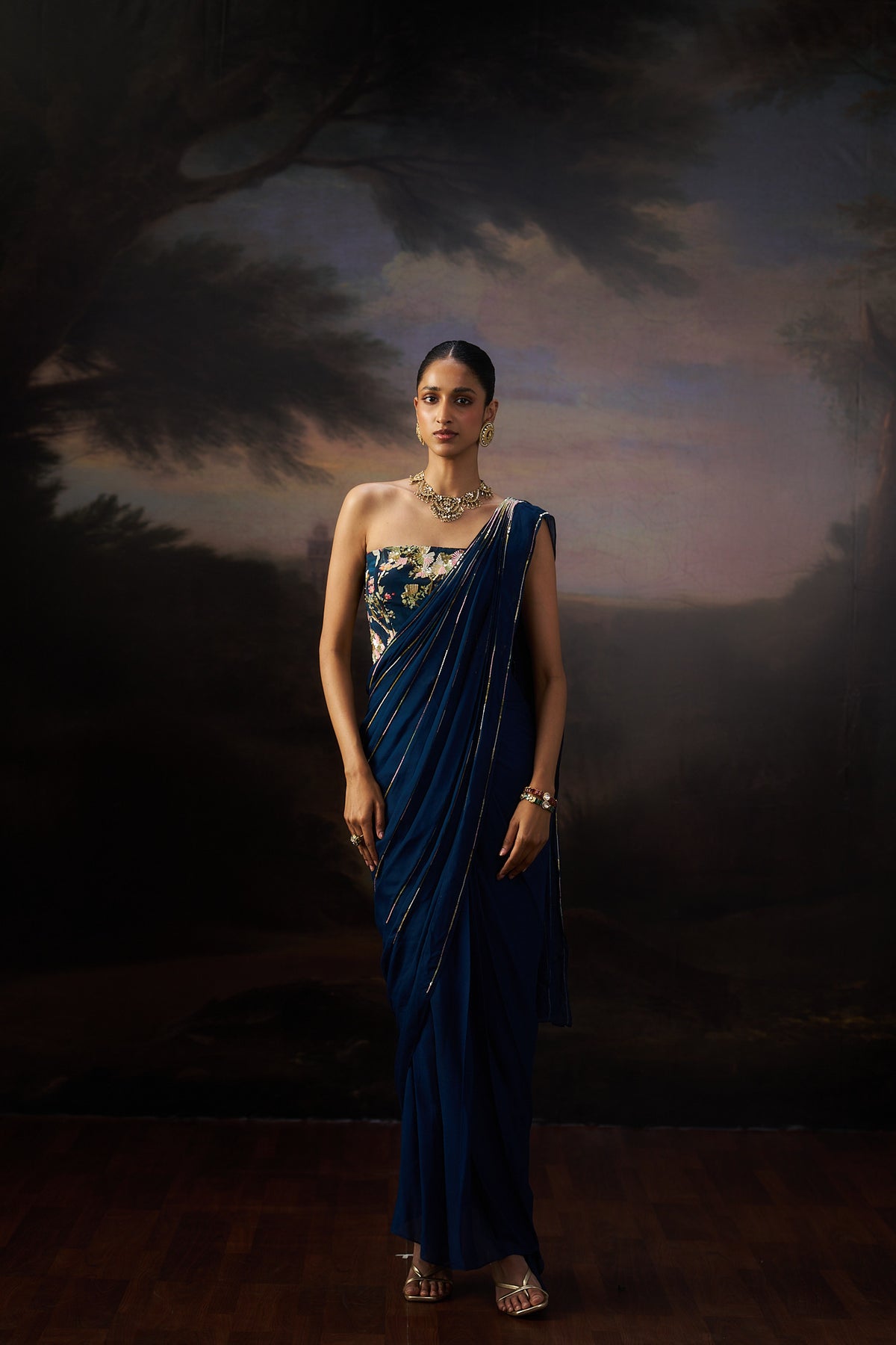 Navy Blue Drape Saree Set