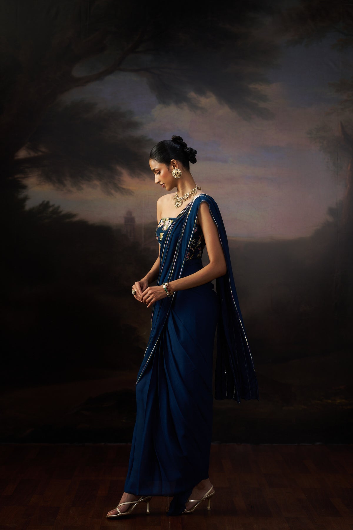 Navy Blue Drape Saree Set