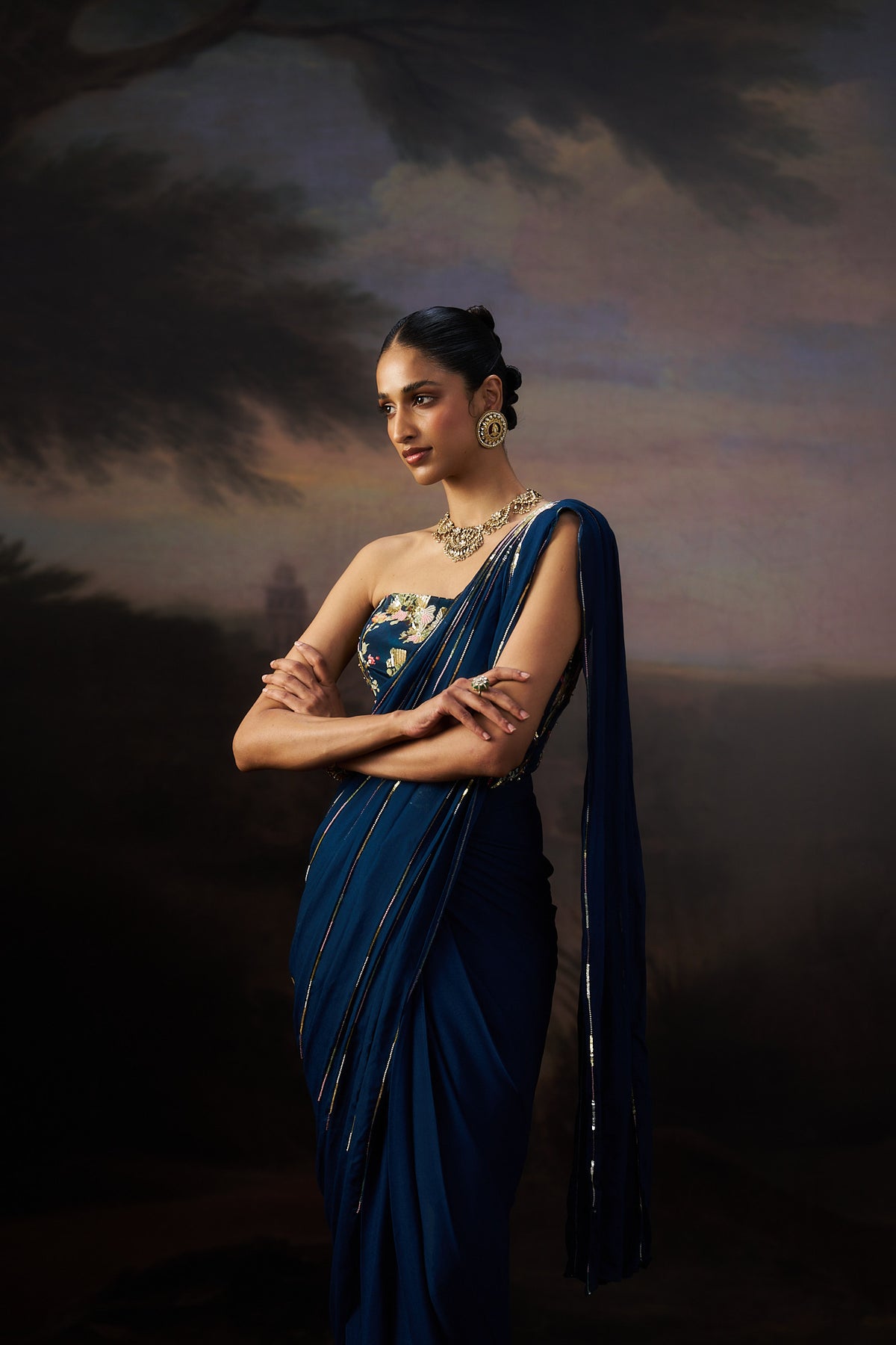 Navy Blue Drape Saree Set