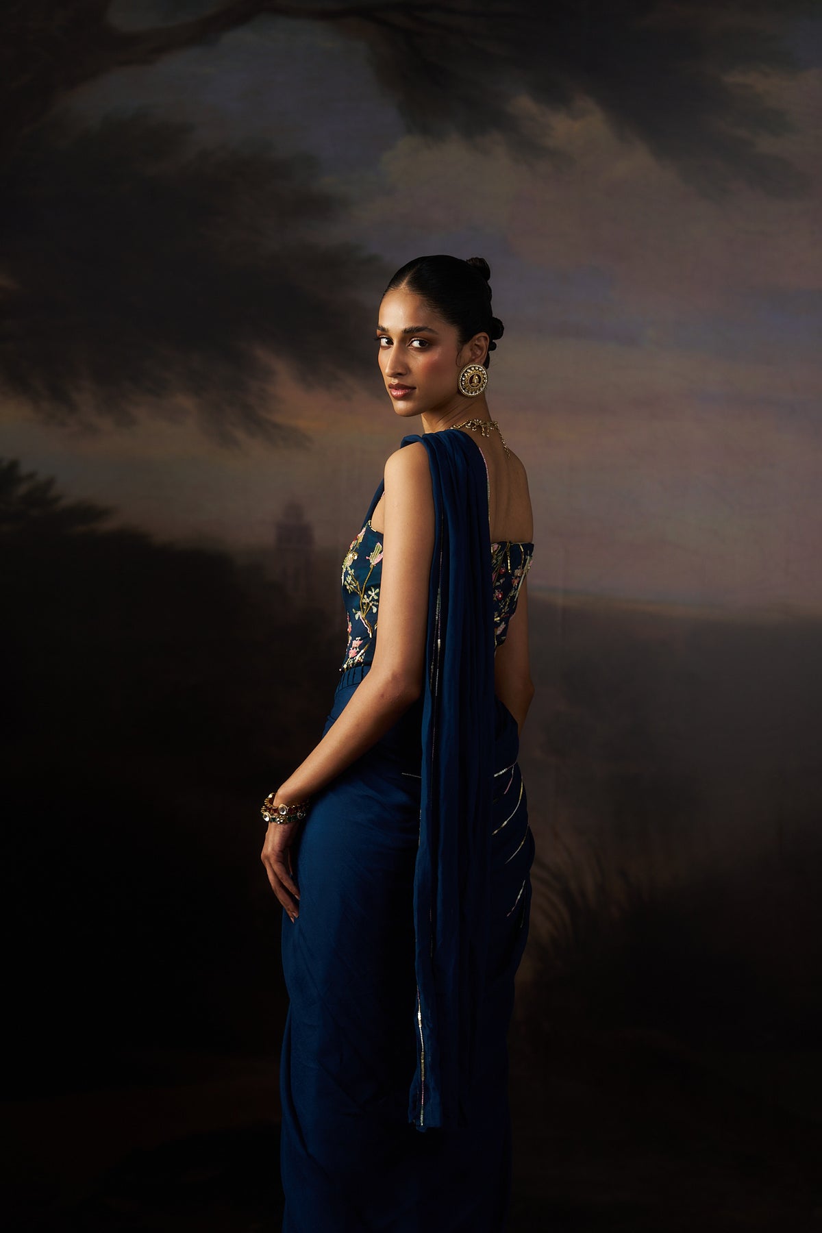 Navy Blue Drape Saree Set