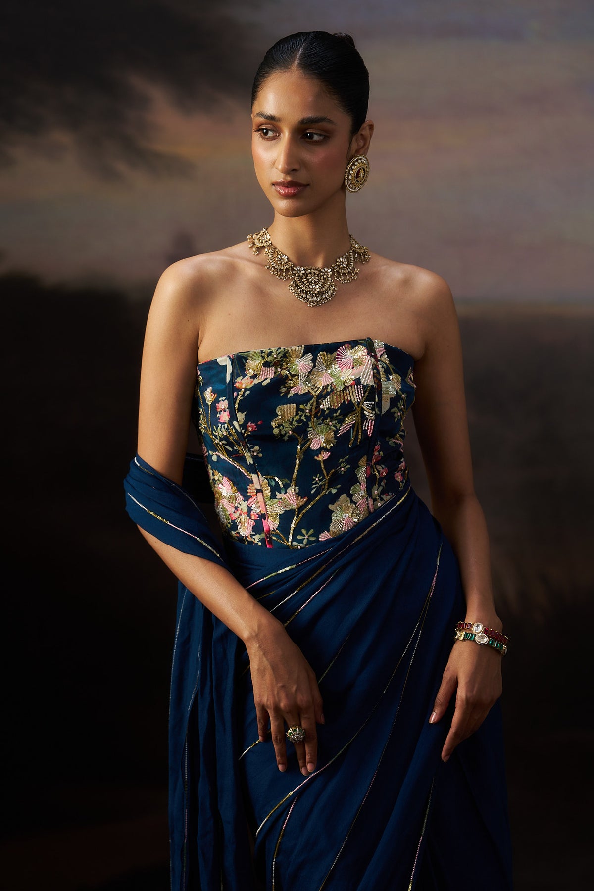 Navy Blue Drape Saree Set