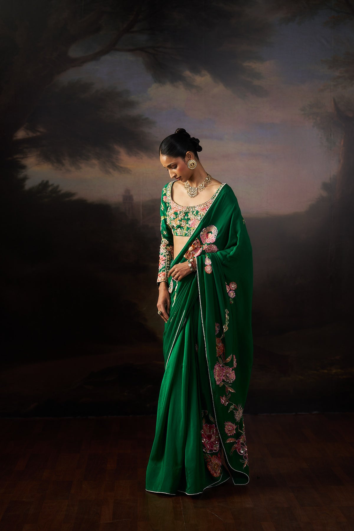 Green Printed Saree Set
