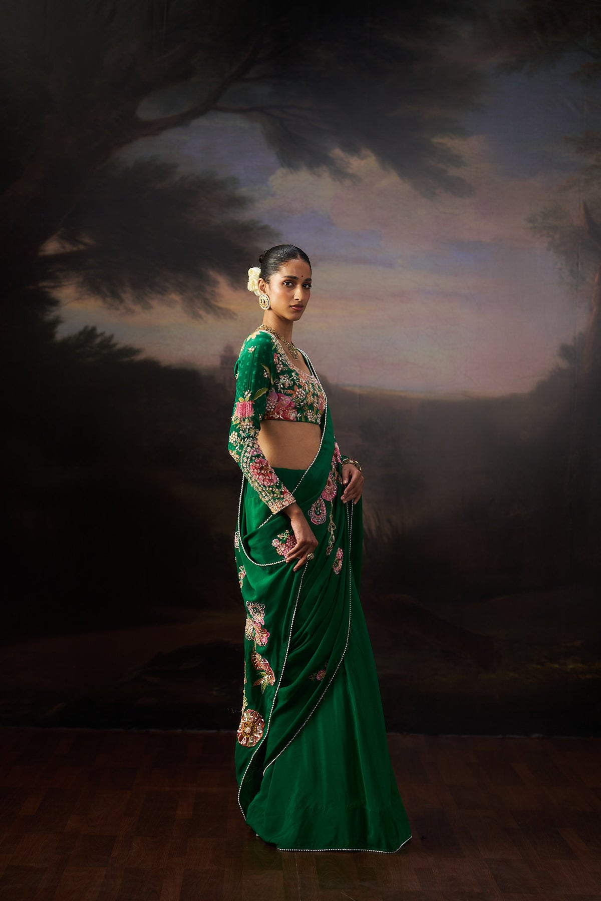 Green Printed Saree Set