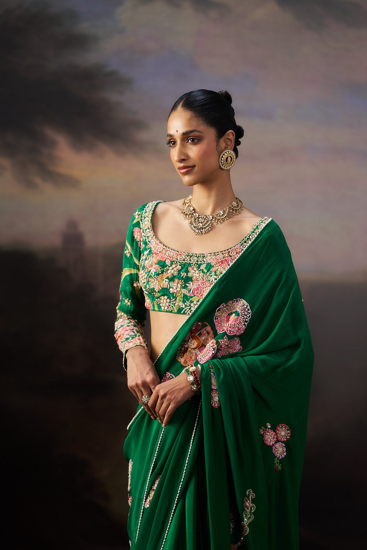 Green Printed Saree Set