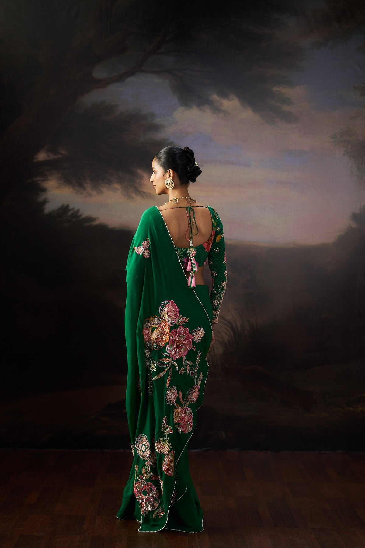 Green Printed Saree Set