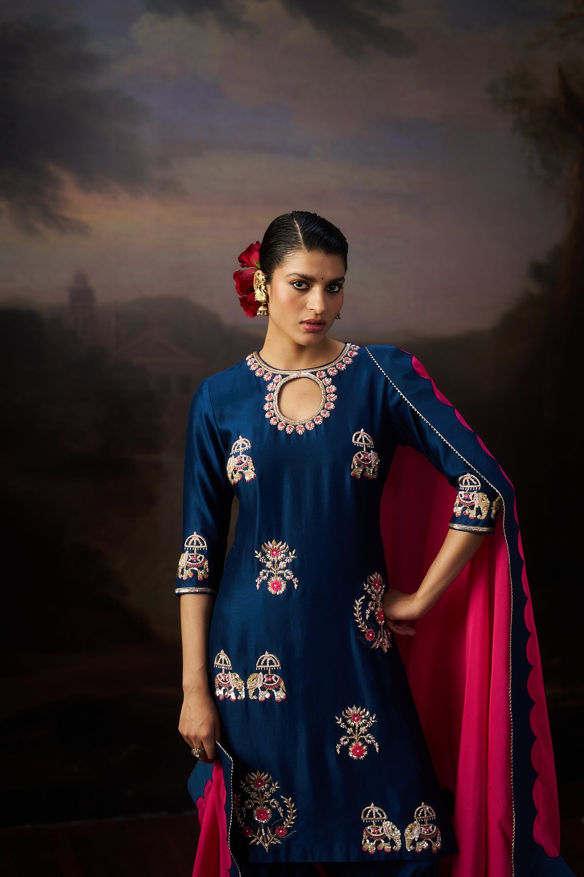 Dark Blue Kurta And Farsi Set