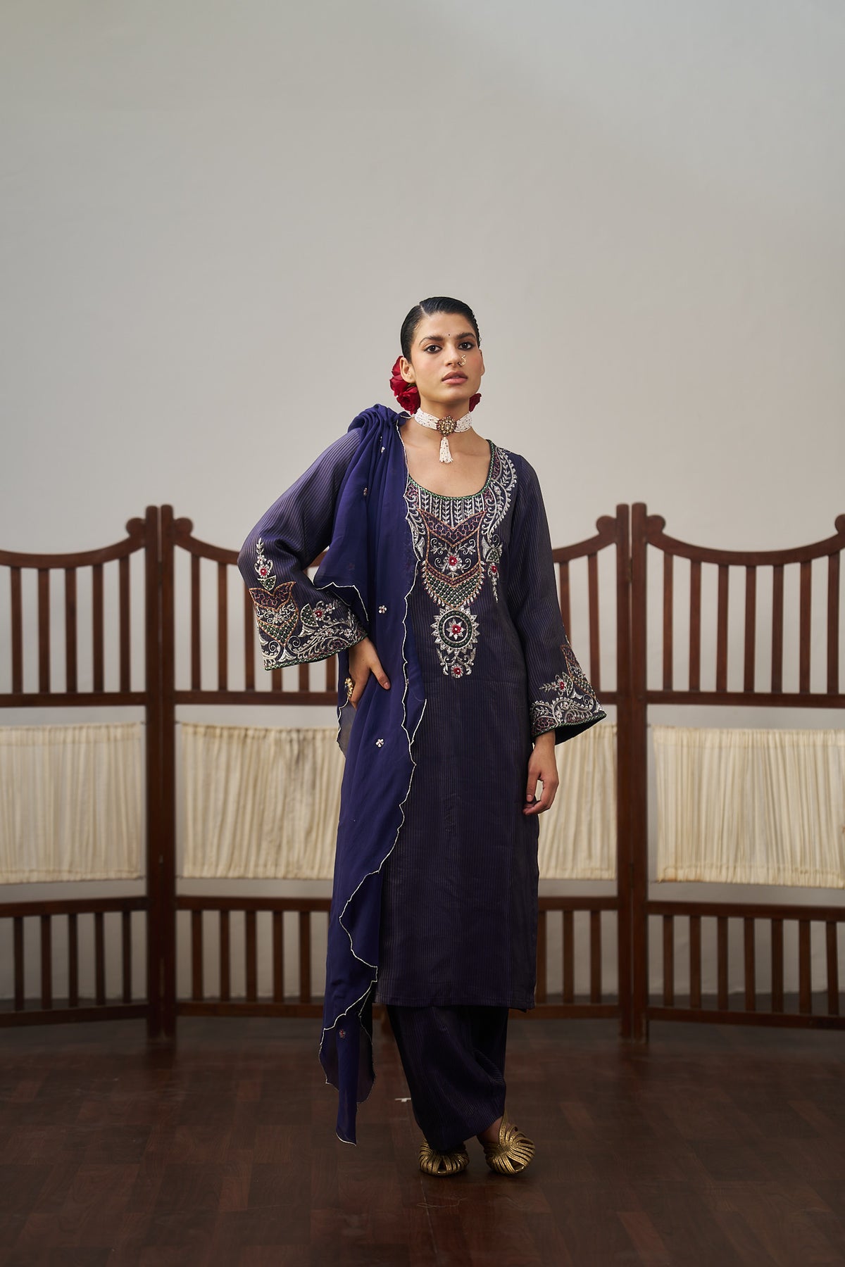 Burgundy Silver Work Kurta Set
