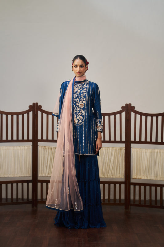 Dark Blue Short Kurta And Sharara Set