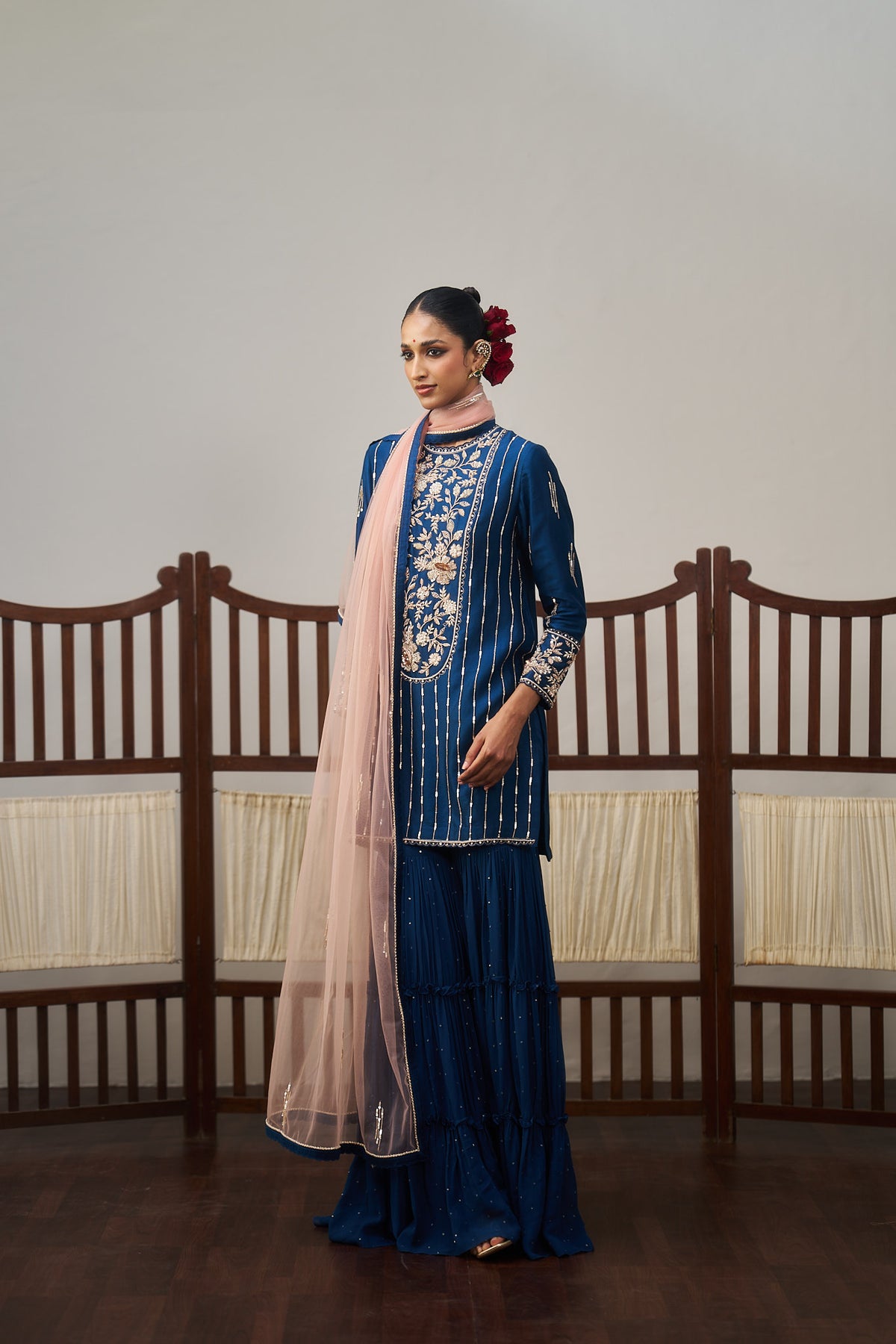 Dark Blue Short Kurta And Sharara Set