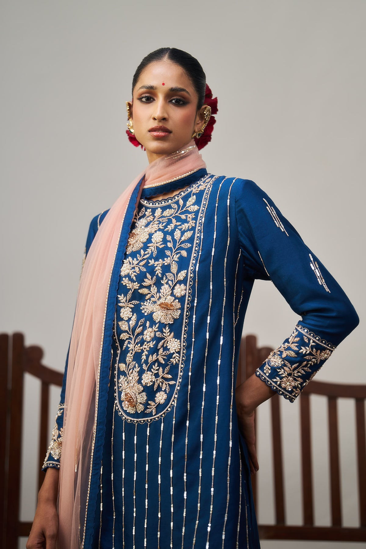 Dark Blue Short Kurta And Sharara Set