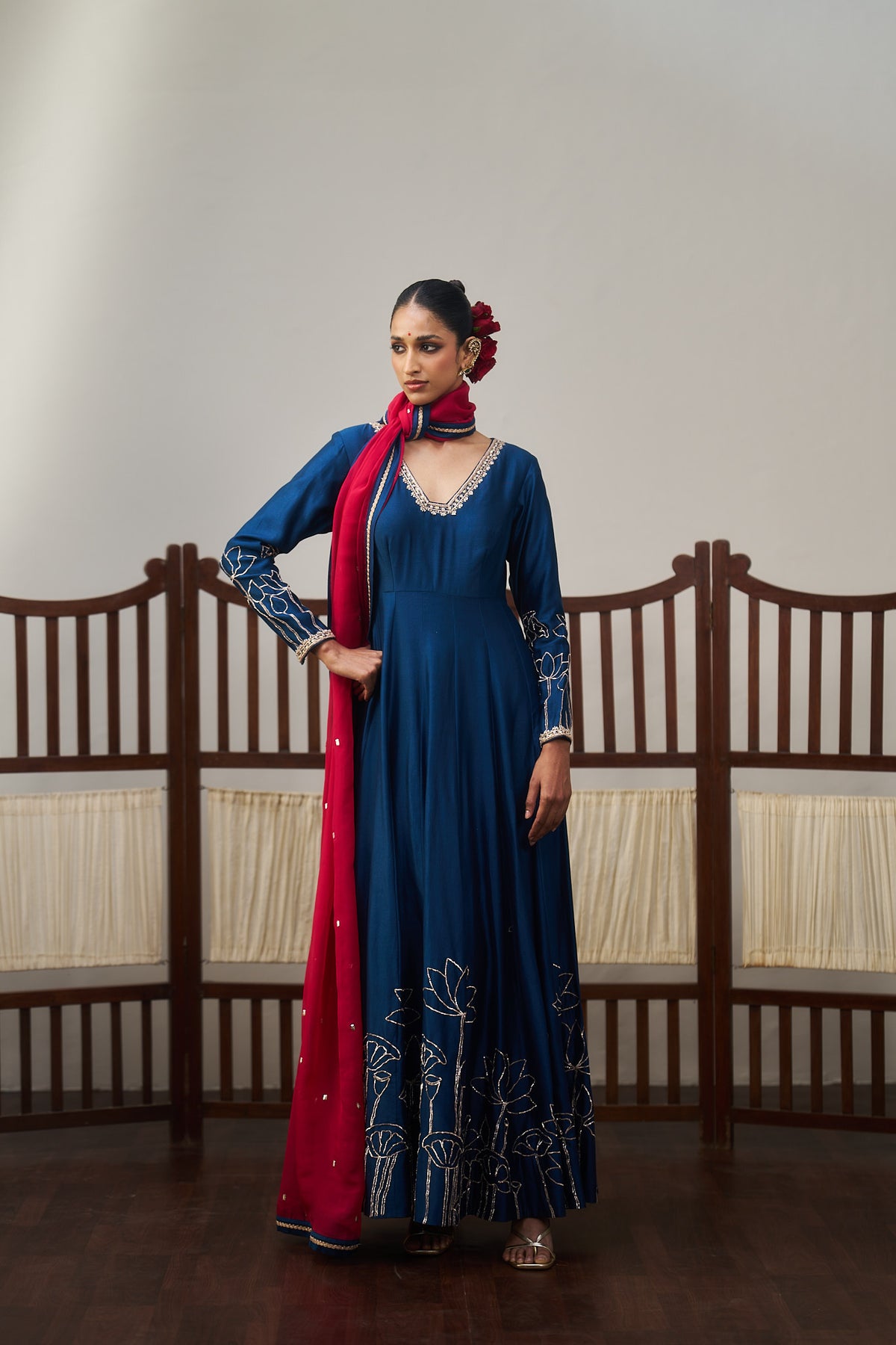 Dark Blue Chanderi Anarkali Set