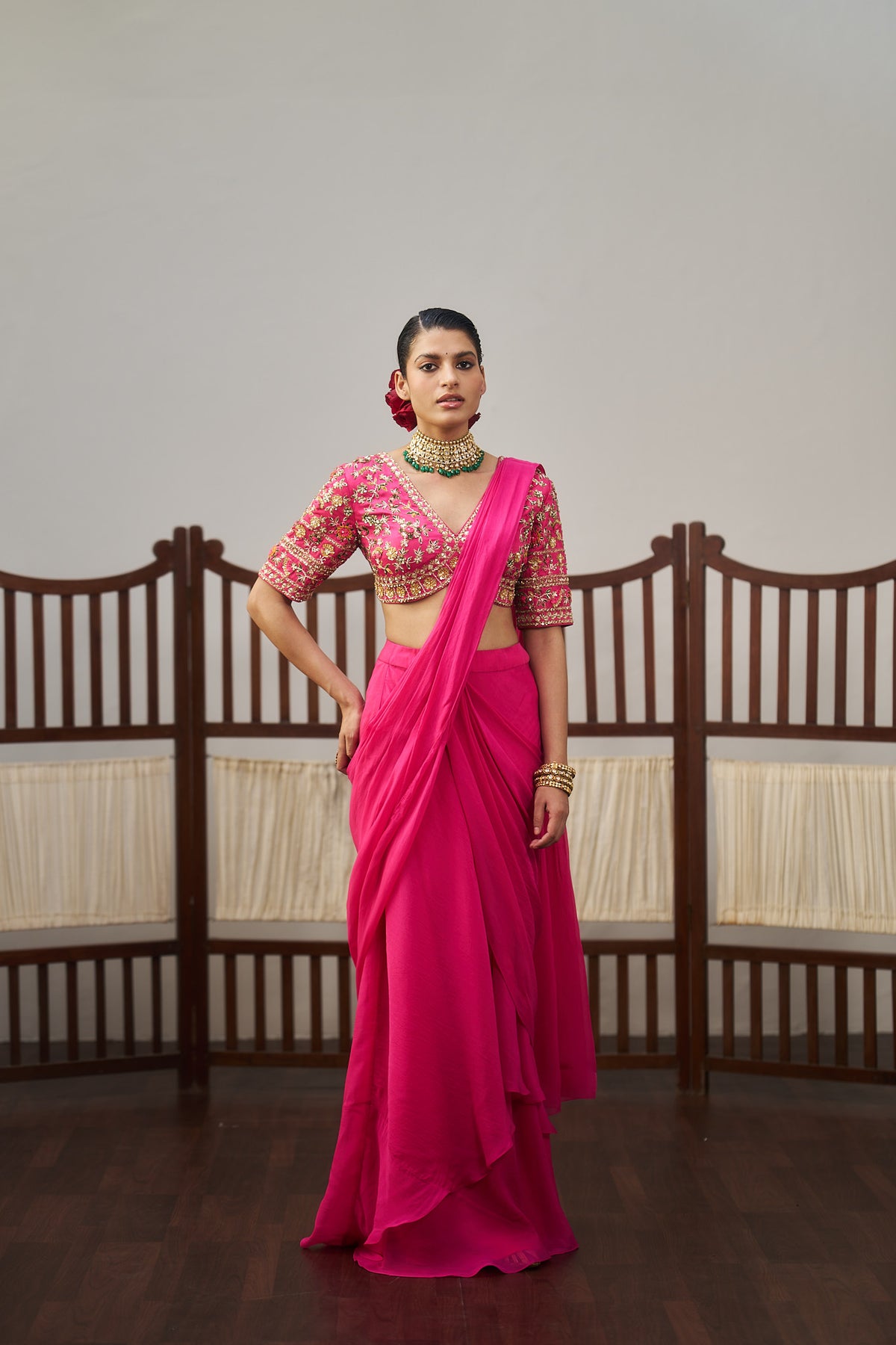 Pink Organza Drape Saree Set