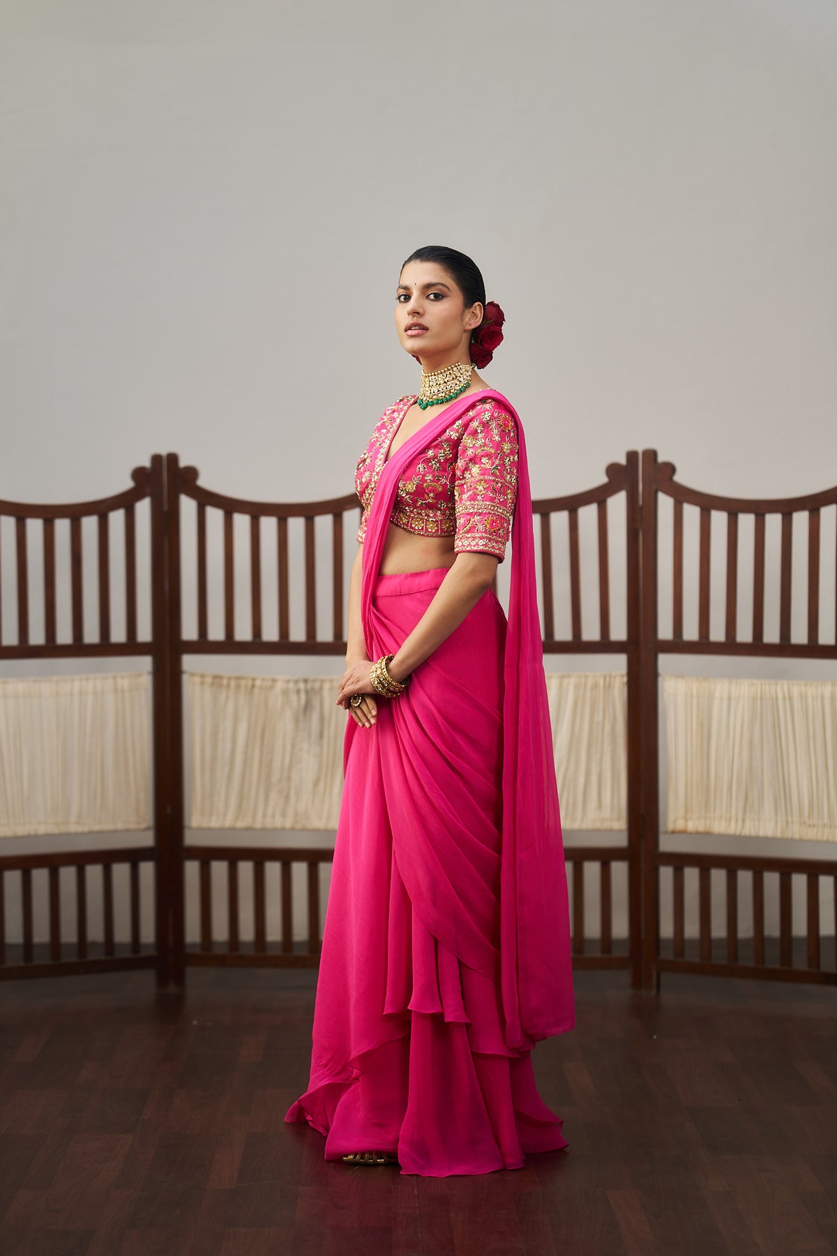 Pink Organza Drape Saree Set