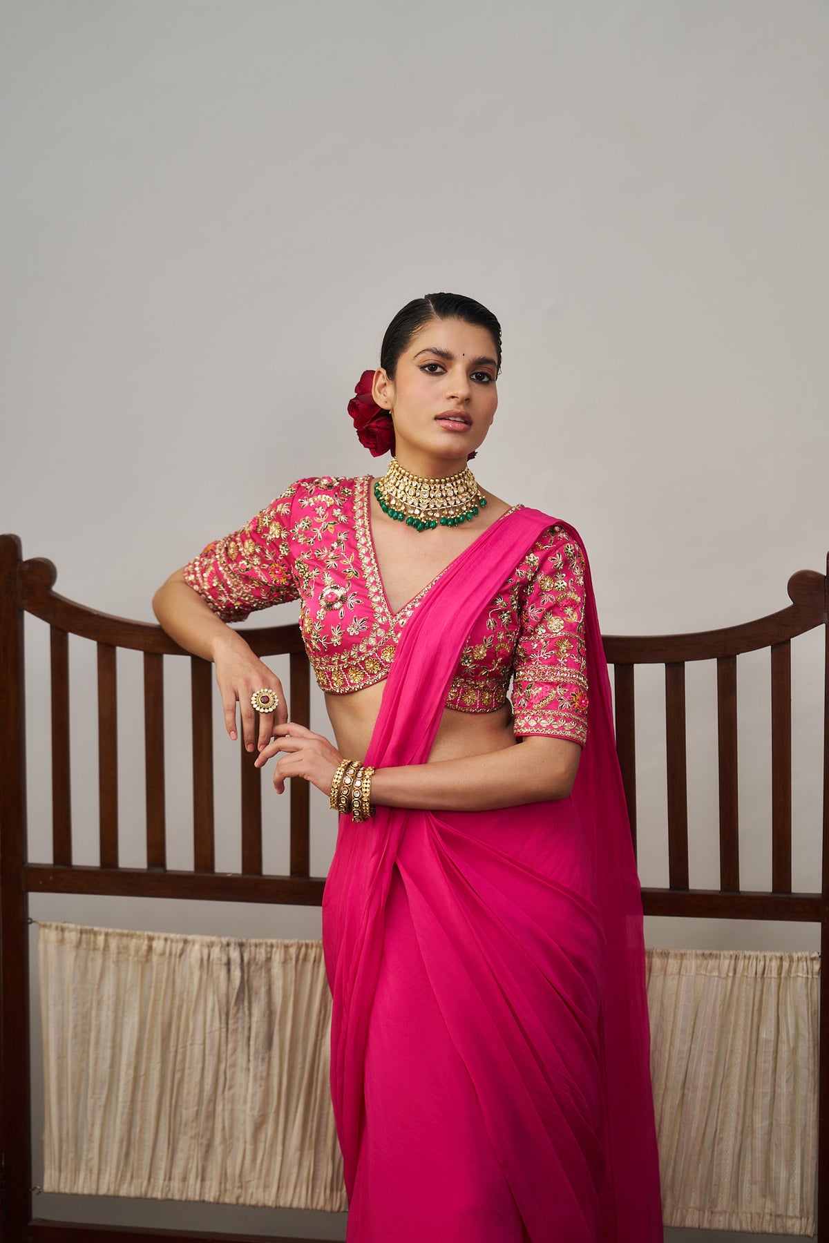 Pink Organza Drape Saree Set