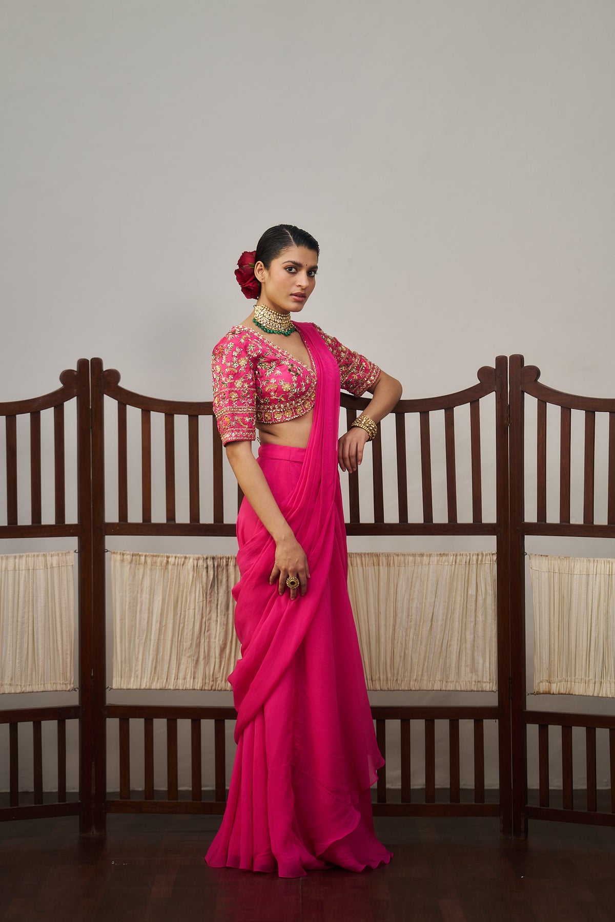 Pink Organza Drape Saree Set
