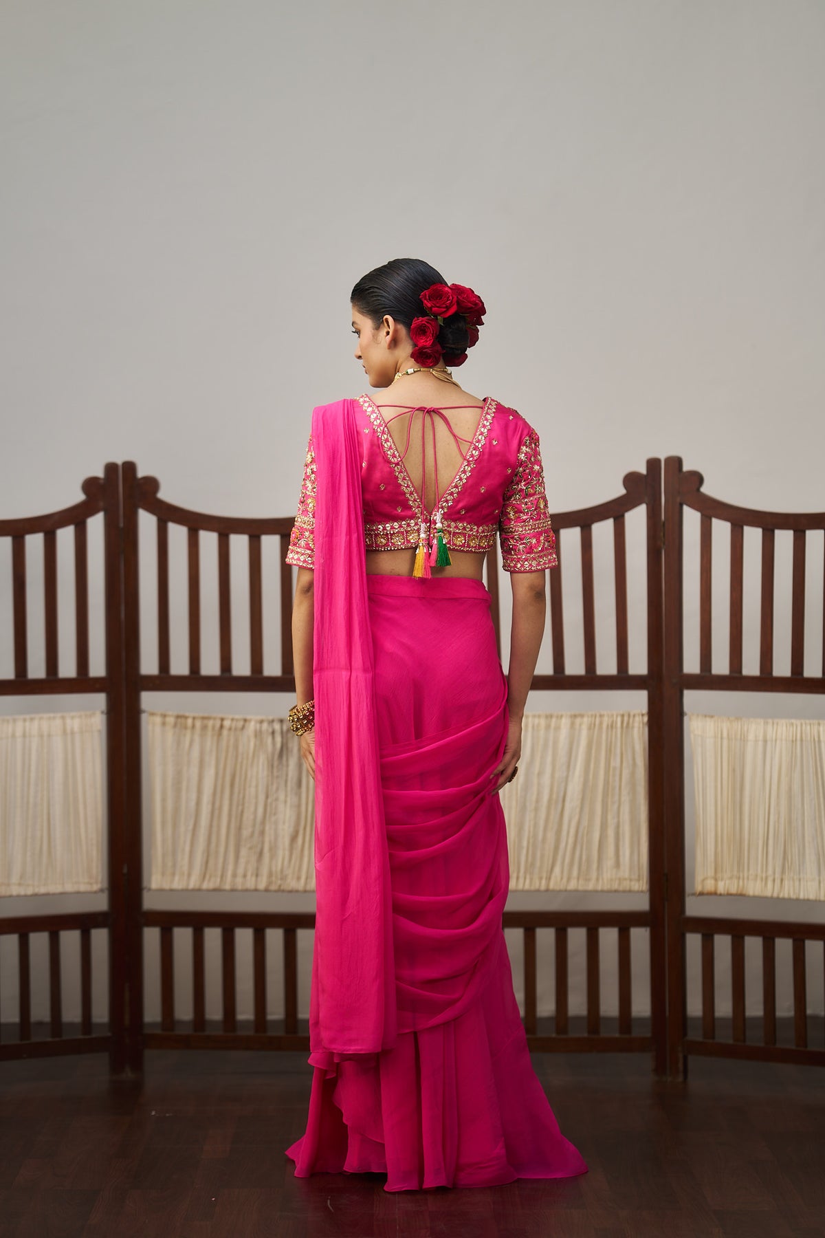 Pink Organza Drape Saree Set