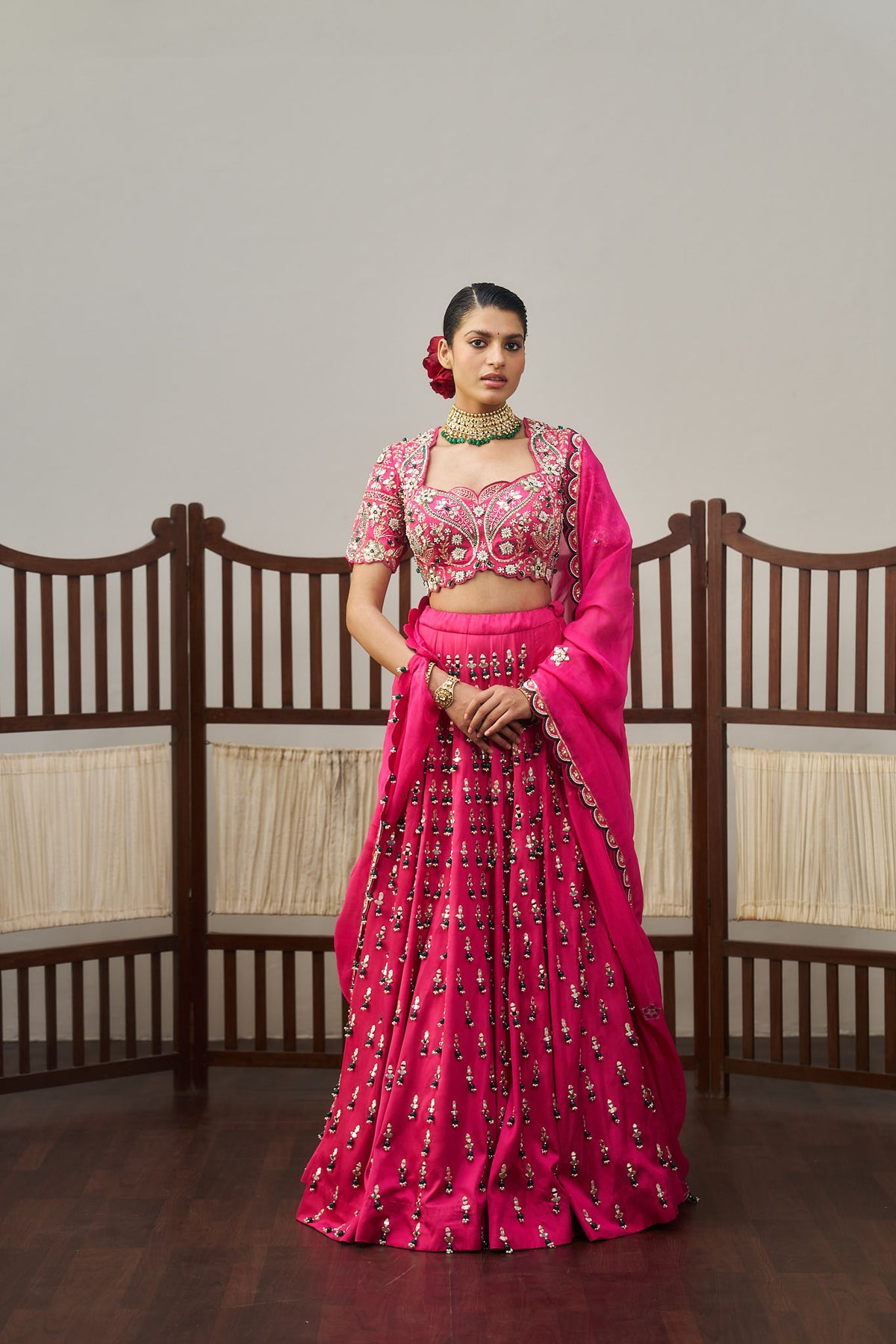 Pink Heavy Green Tassels Lehenga Set