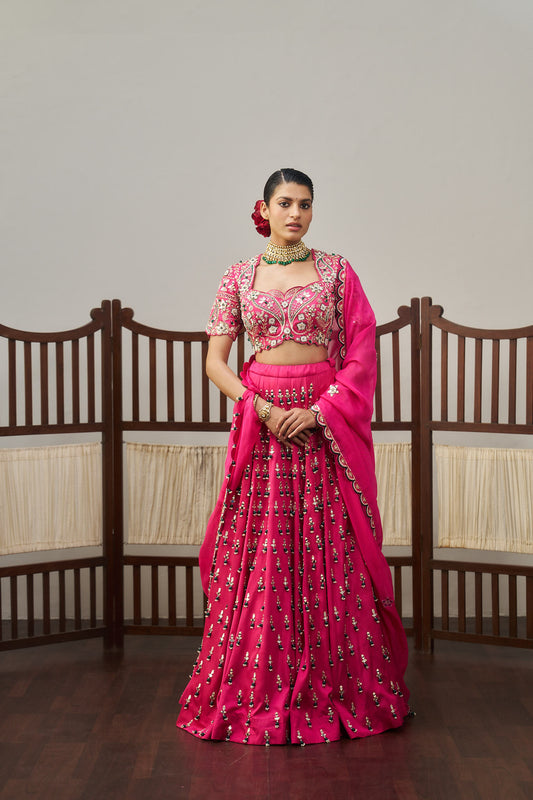 Pink Heavy Green Tassels Lehenga Set