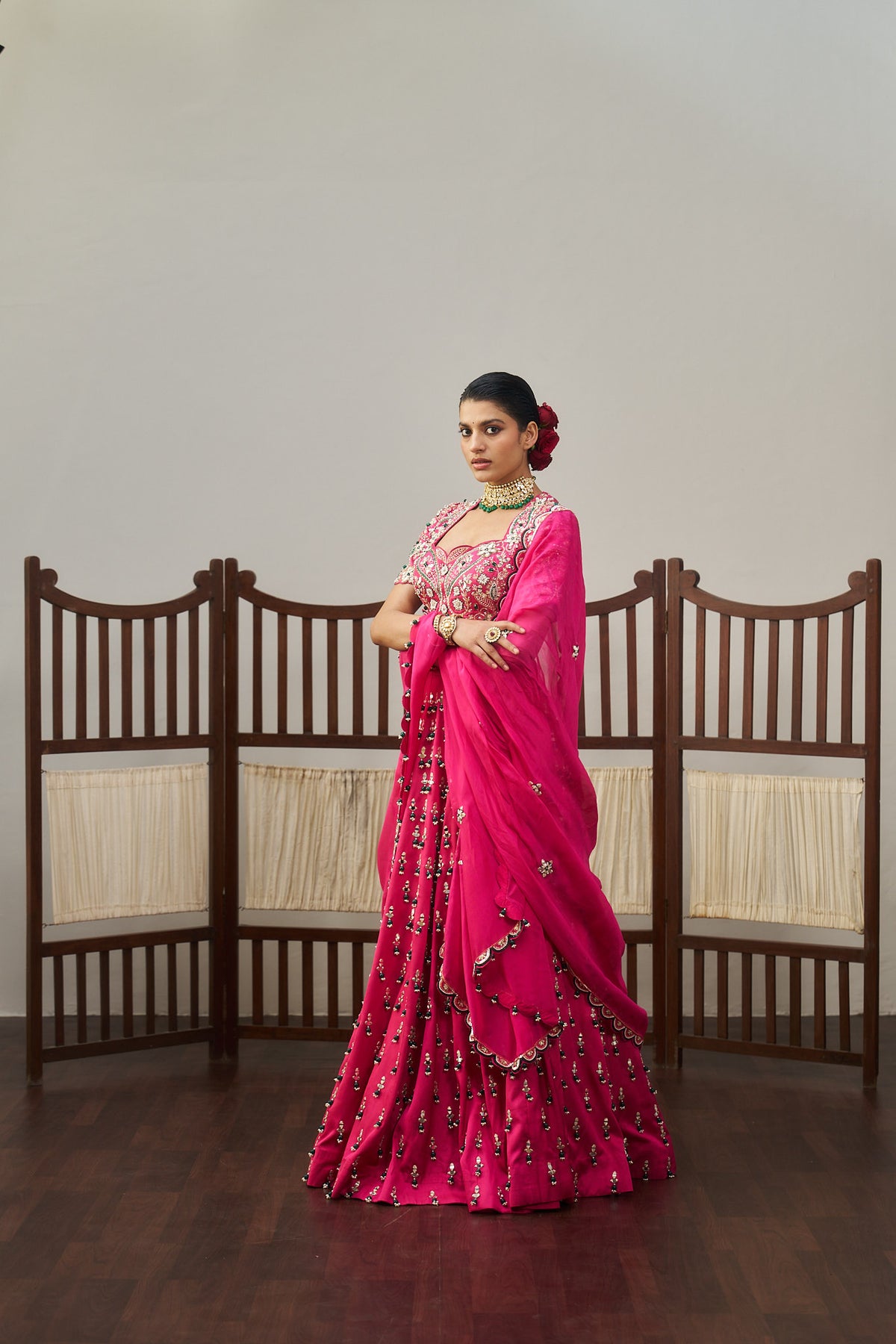 Pink Heavy Green Tassels Lehenga Set