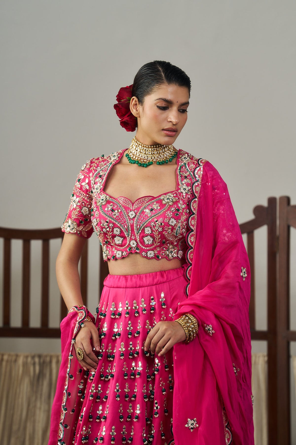 Pink Heavy Green Tassels Lehenga Set