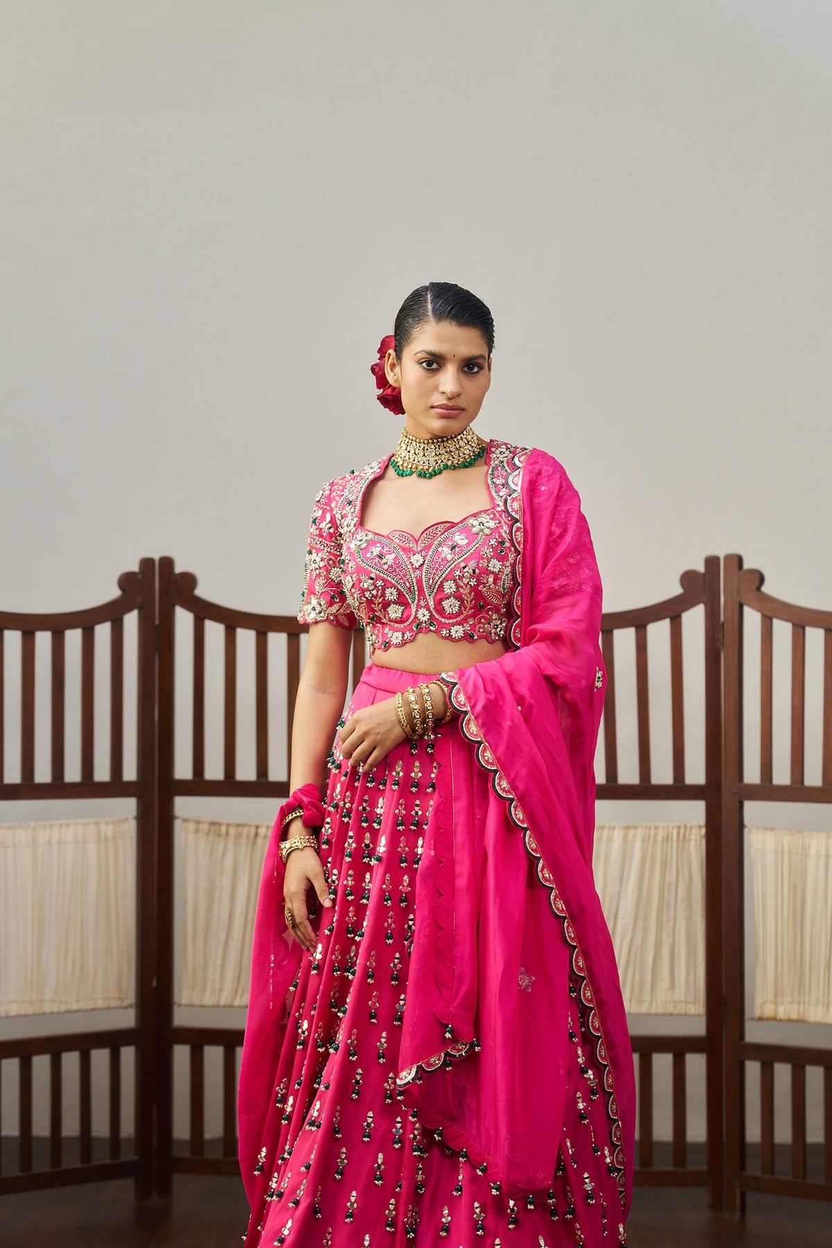 Pink Heavy Green Tassels Lehenga Set
