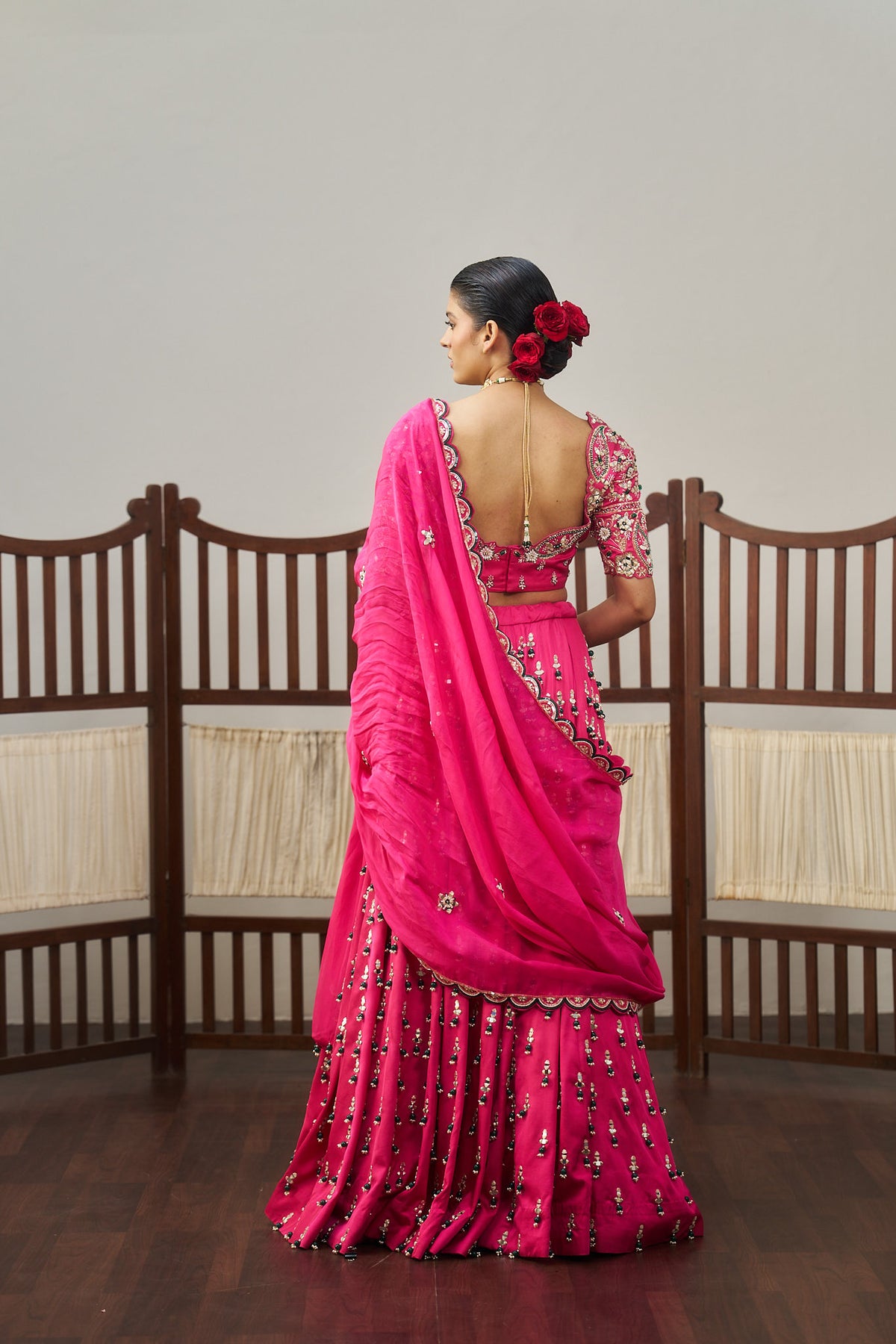 Pink Heavy Green Tassels Lehenga Set