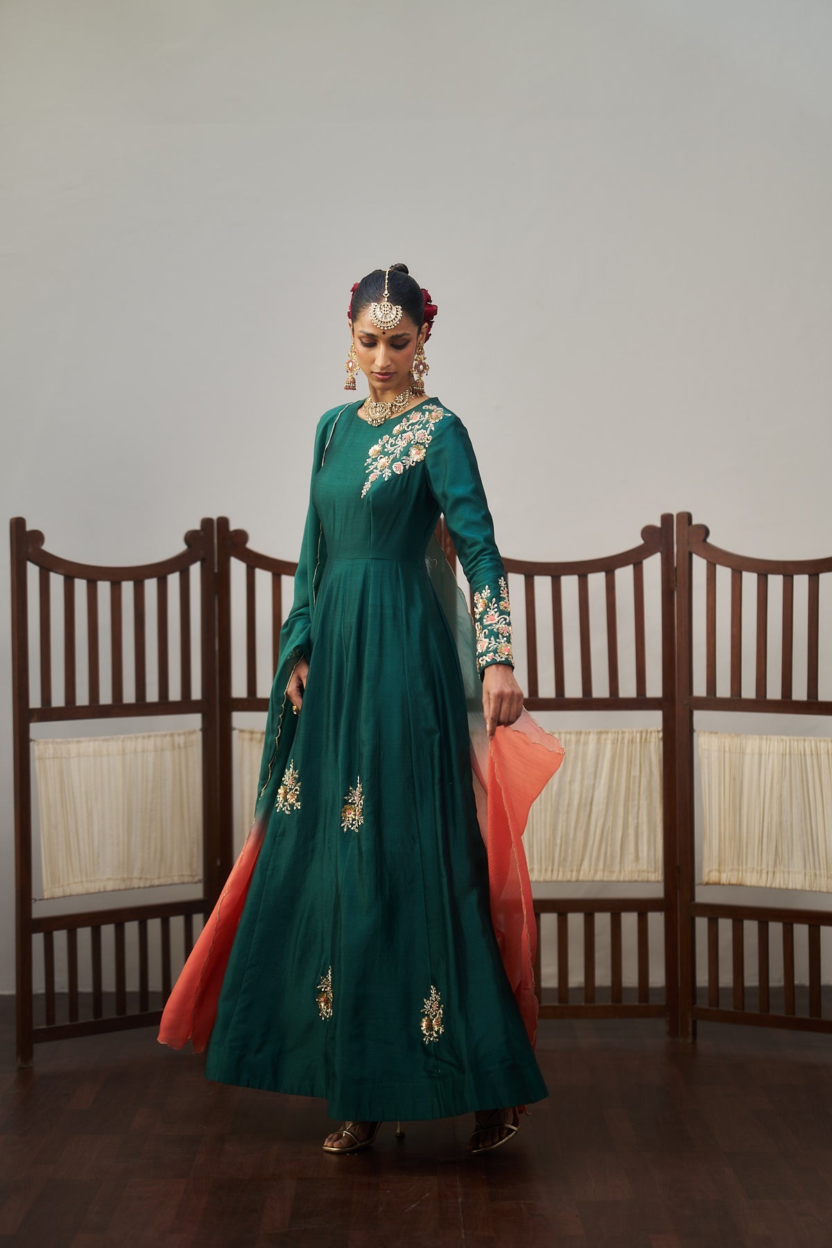 Dark Green Chanderi Anarkali Set