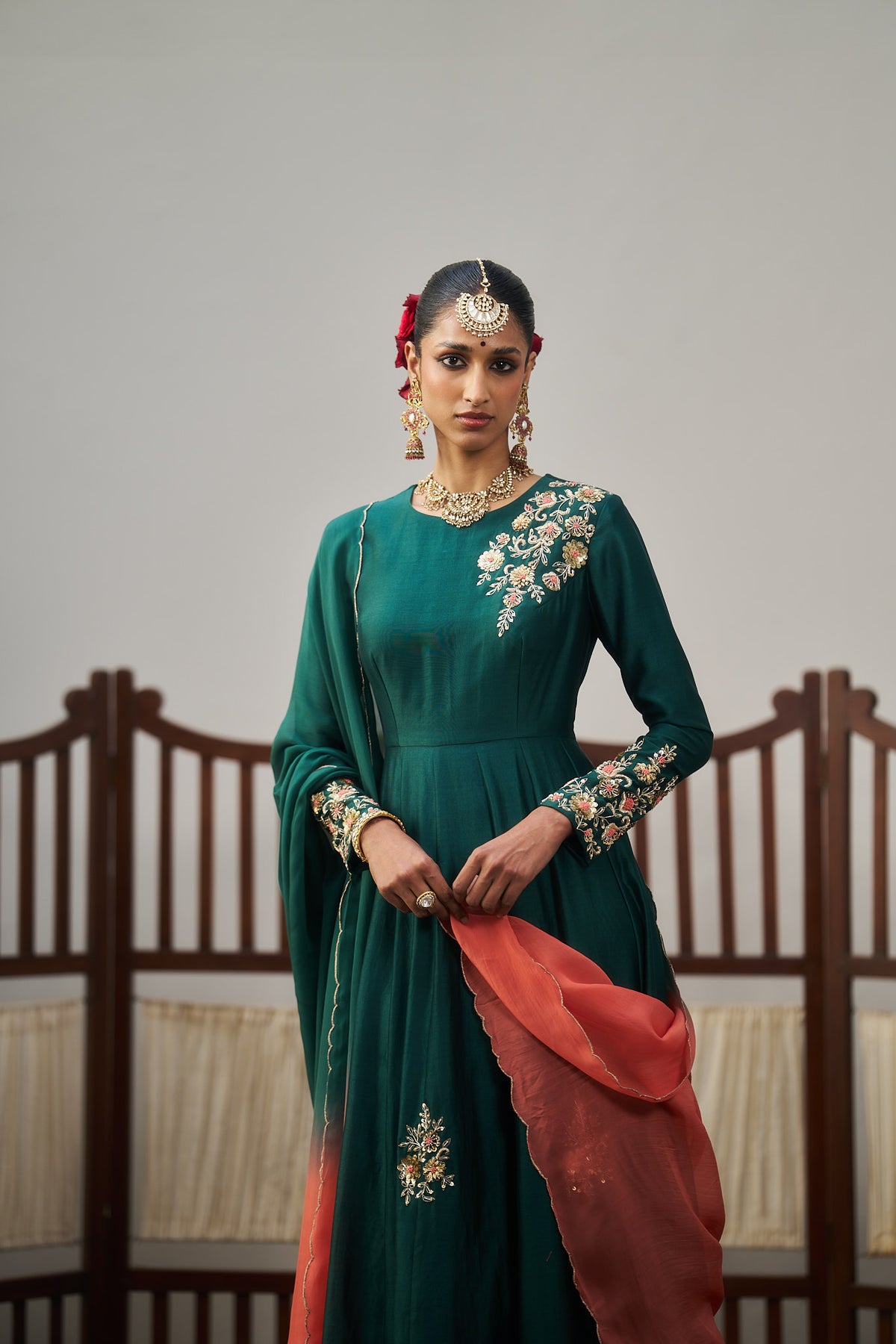 Dark Green Chanderi Anarkali Set
