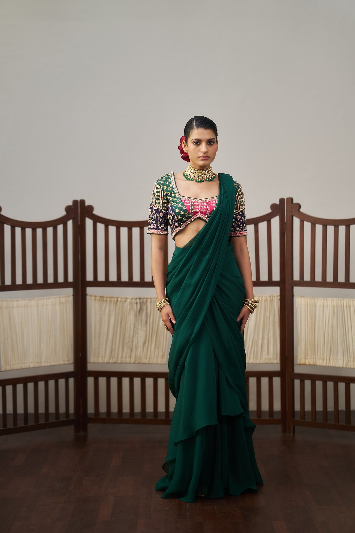 Dark Green Organza Drape Saree Set